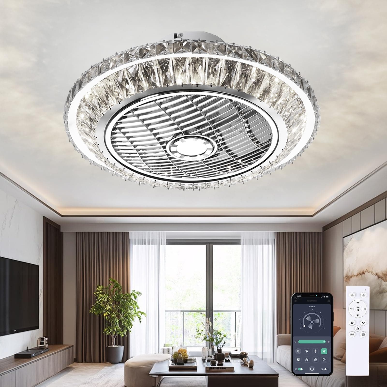 Ceiling Fan with Lamp, Crystal Ceiling Fan with LED Light, 72W Modern LED Dimmable Ceiling Light,Adjustable Wind Speed, with Remote Control,Restaurant Bedroom Decoration Indoor Fan Lighting (A)