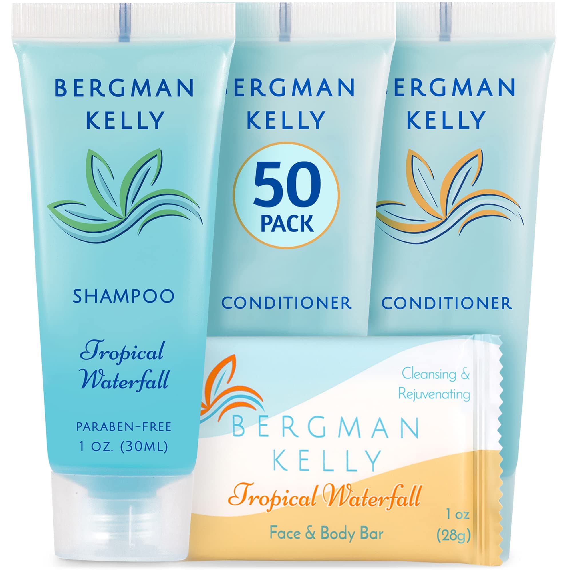 BERGMAN KELLY Rectangular Hotel Soap Bars, Shampoo & Conditioner 3-Piece Set (1 oz each, 150 pc, Tropical Waterfall), Delight Guests w/Invigorating & Refreshing Bulk Travel Size Hotel Toiletries