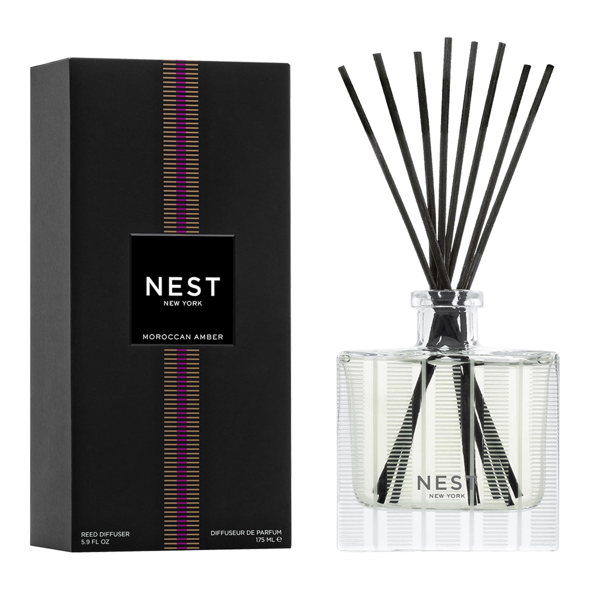 Reed Diffuser, Moroccan Amber - 5.9 fl oz - Fragrance for Up to 90 Days - Reusable, Refillable Glass Holder - Includes 8 All-Natural Reed Sticks - Flame Free