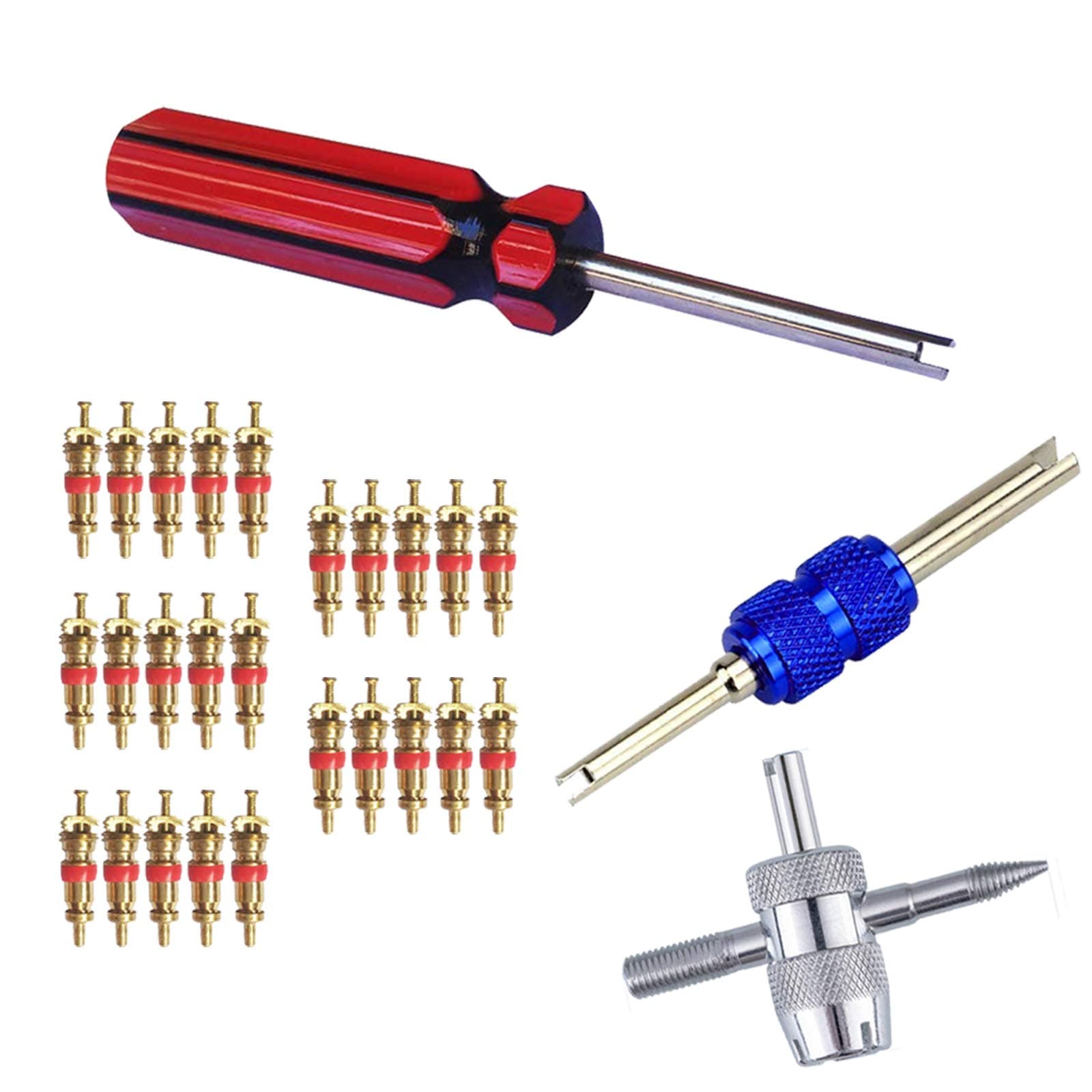 3 Pcs Tire Valve Core Remover Tools with 25 Pcs Brass Valve Stem Cores, 4-Way Valve Stem Core Tool, Dual & Single Head Tire Valve Core Remover Installer Tools