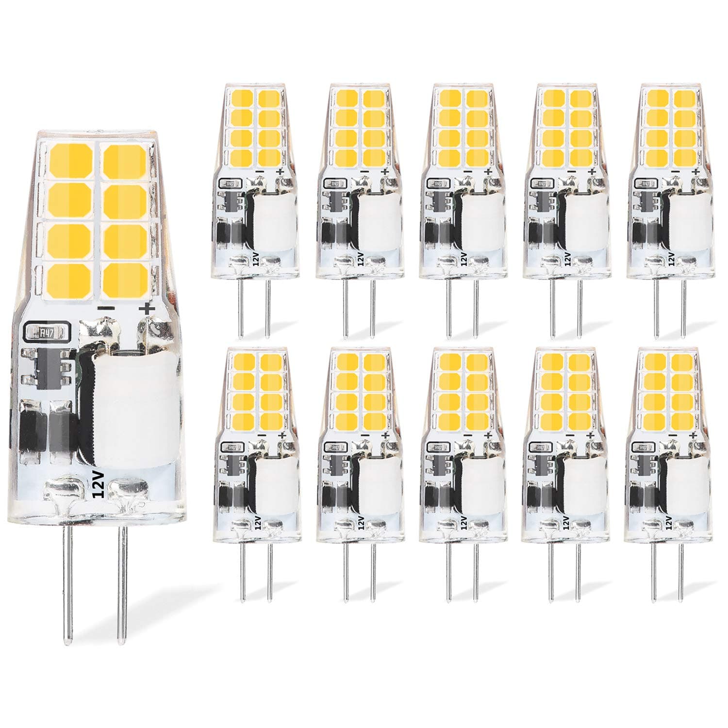 10-Pack G4 LED Bulb 2W, 20W~30W Halogen Equivalent, 12V AC/DC 3000K Warm White, No-Flicker Bi Pins Base Light Bulbs for Chandeliers, Pendants, Landscape Lights, 360° Beam Angle Non Dimmable