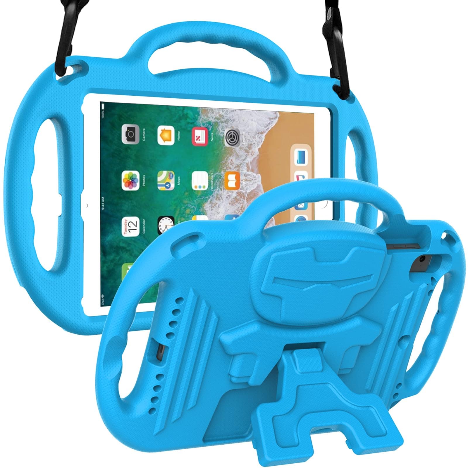 LTROP Kids Case for iPad 5th/6th Generation (9.7 Inch, 2017/2018), Air 1 & Air 2 & Pro 9.7" Case with Shoulder Strap Handle Stand, Blue