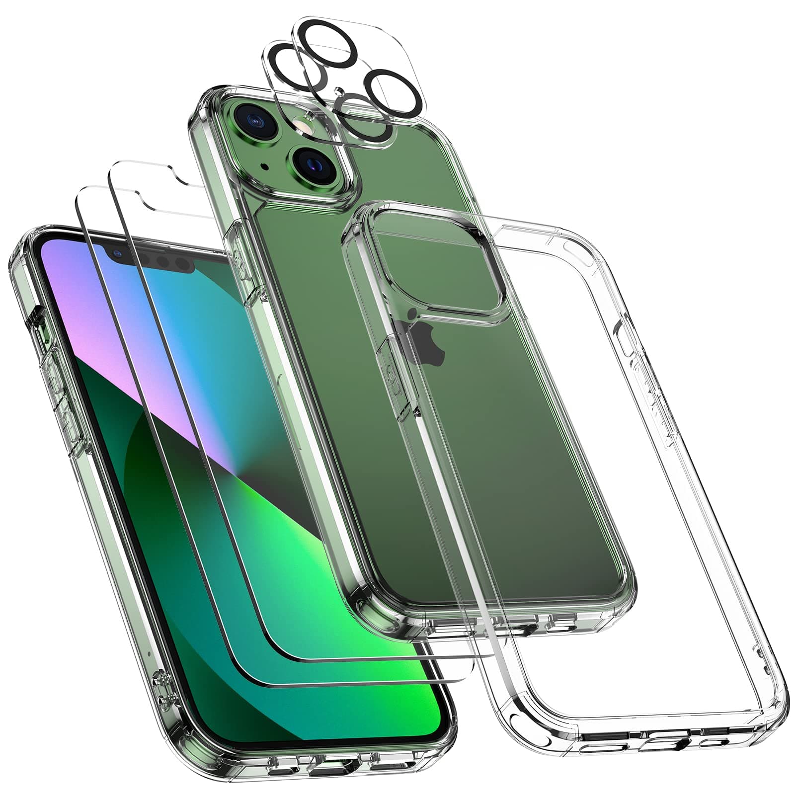 TOCOL 5 in 1 for iPhone 13 Case 6.1 Inch, with 2 Pack Tempered Glass Screen Protector + 2 Pack Camera Lens Protector, Slim Shockproof Cover [Drop Protection] [Never Yellow] Support Magsafe, HD Clear