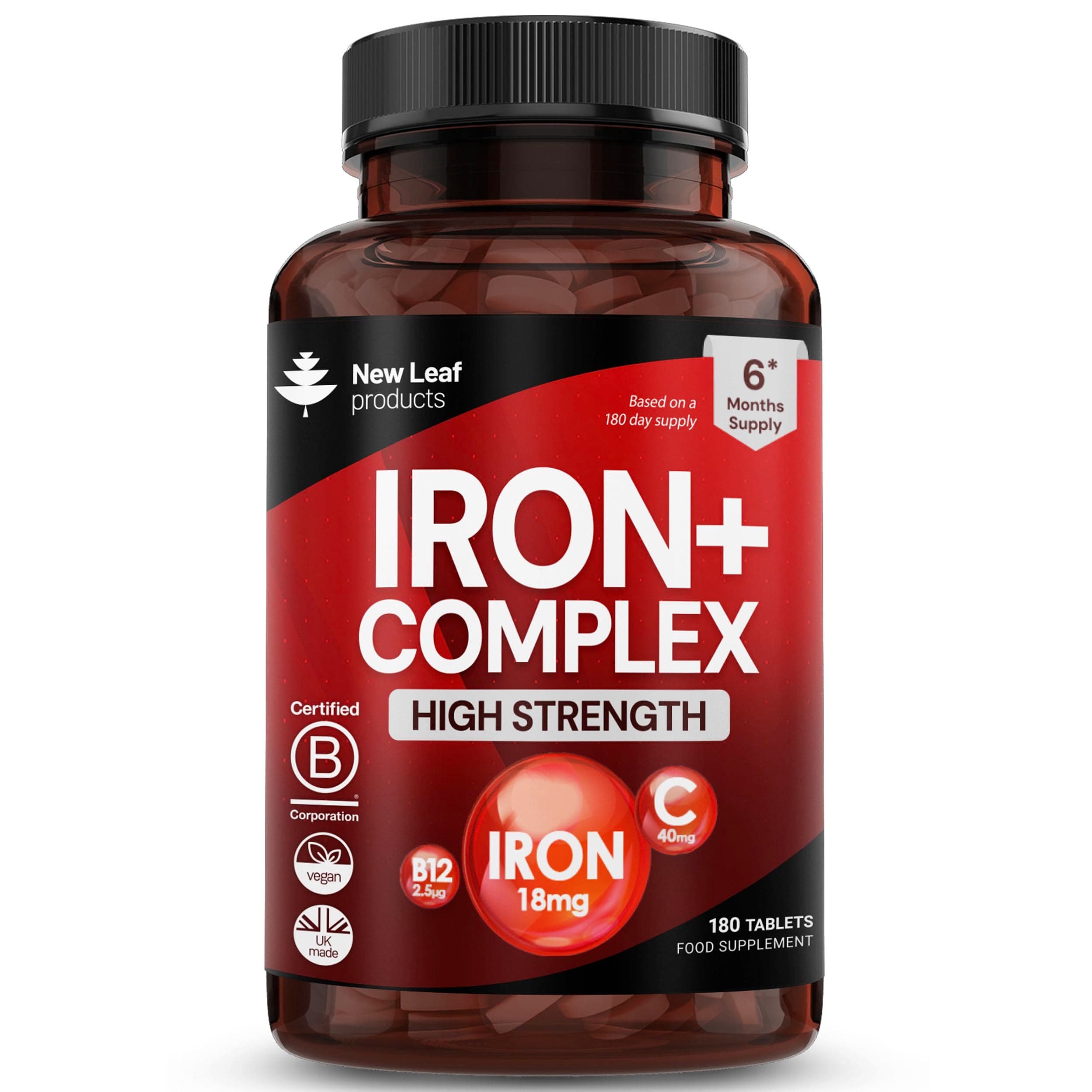 Gentle Iron Tablets Complex -Enriched with B12 & Vitamin C - Iron Supplements for Woman and Men - Ferrous Fumarate Energy Tablets Reduction in Tiredness and Fatigue (6 Months Supply) High Strength