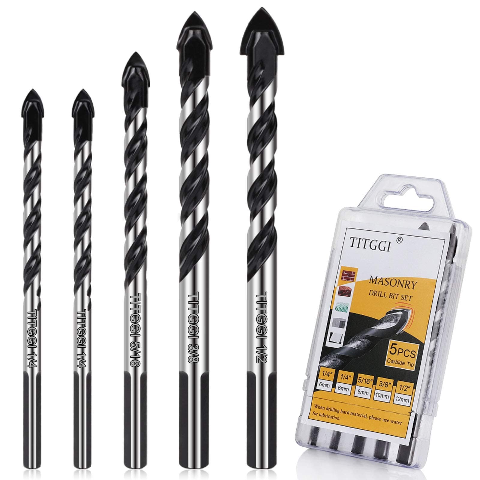 Professional Drill Bit Set (5PCS) for Brick/Plastic/Cement/Wood/Glass/Etc, Industrial Strength Tile/Concrete Drill Bits, 1/4"-1/2"