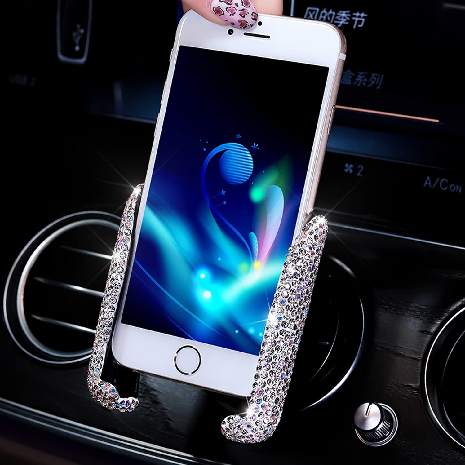 Bling Mini Dash Air Vent Automatic Phone Holder, Universal 360° Adjustable Crystal Auto Stand, Car Accessories for Women and Girls (White)