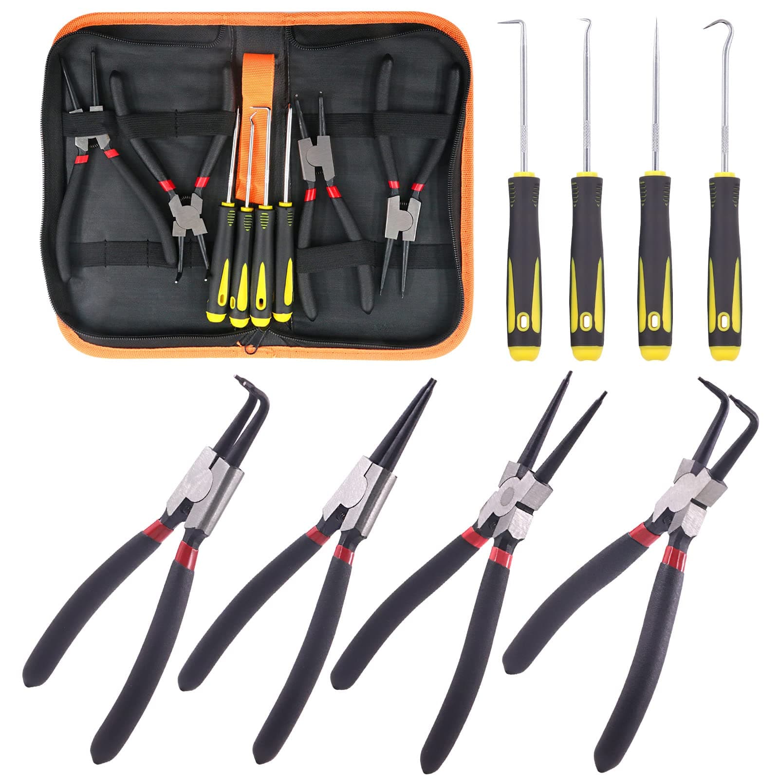 8Pcs 7 Inch Snap Ring Pliers Heavy Duty Hook Tool Set Internal External Circlip Pliers Tool Kit Straight Bent Jaw Pliers for Automotive Ring Removal Retaining