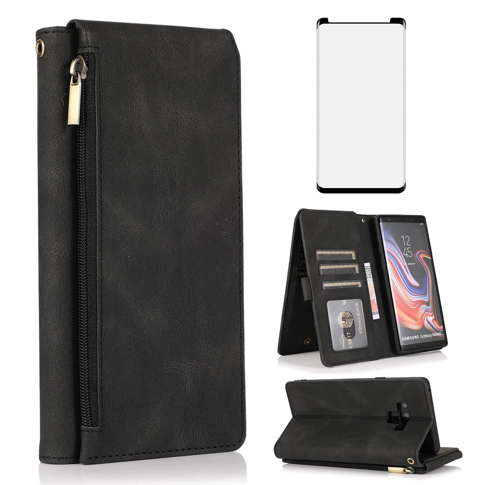 – Compatible with Samsung Galaxy Note 9 Wallet Case Tempered Glass Screen Protector Zipper Leather Flip Cover Card Holder Stand Cell for Galaxies Note9 Gaxaly Glaxay Not S9 Women Men Black