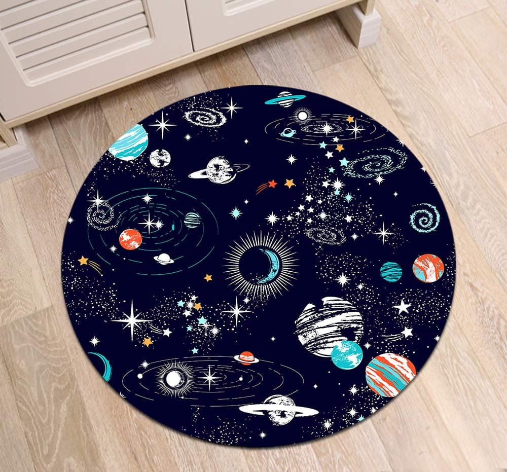 ETOB Space Galaxy Constellation Pattern Area Rugs Zodiac Star Memory Foam Non-Slip Round Rug Washable Living Room Bedroom Carpet for Kids Playroom Play Mat Nursery Rugs, Dia. 2'(60cm)