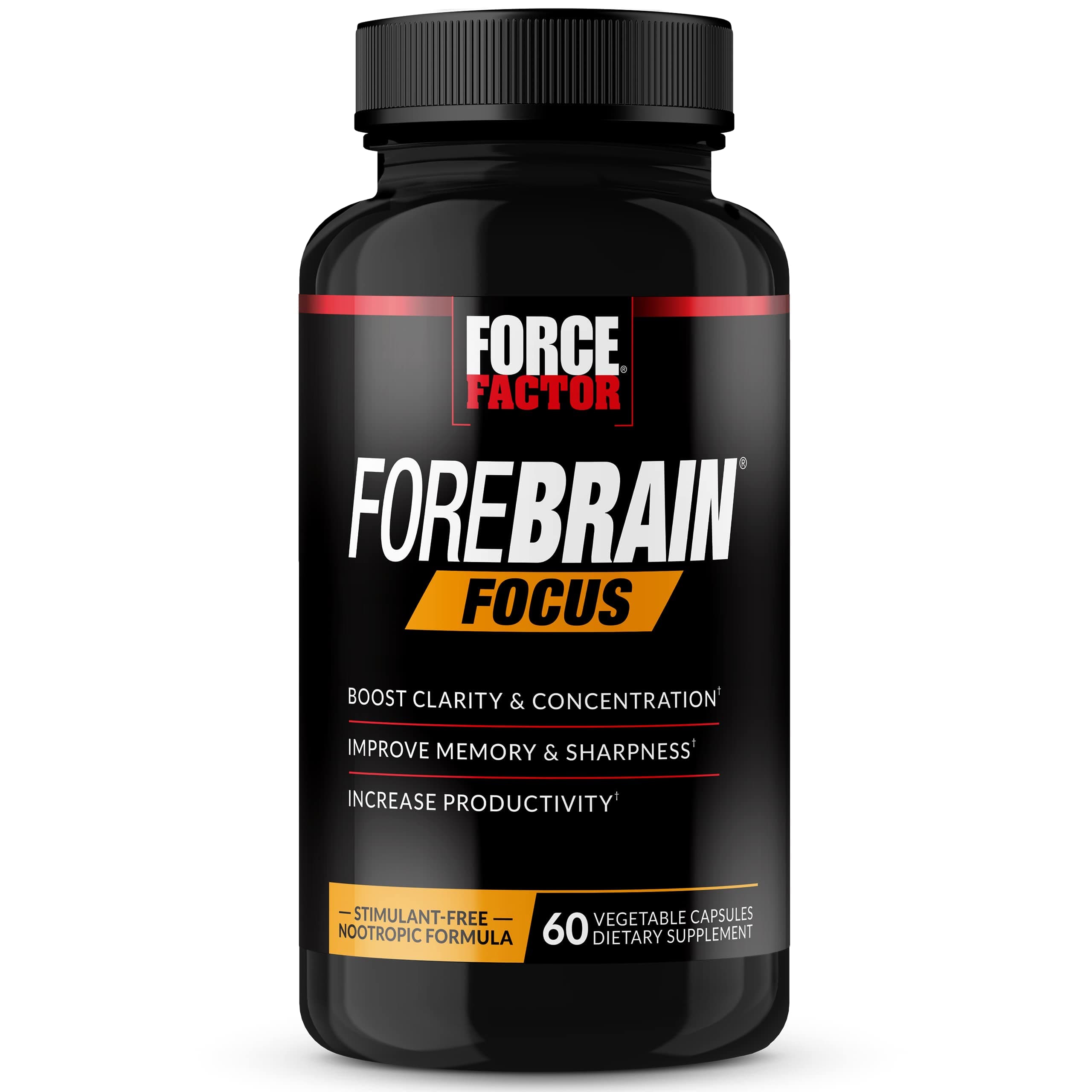 Force Factor Forebrain Focus Brain Booster, Brain Supplement to Boost Clarity & Concentration, for Memory & Sharpness & Increase Productivity, Nootropic Brain Support Supplement, 60 Capsules, Black