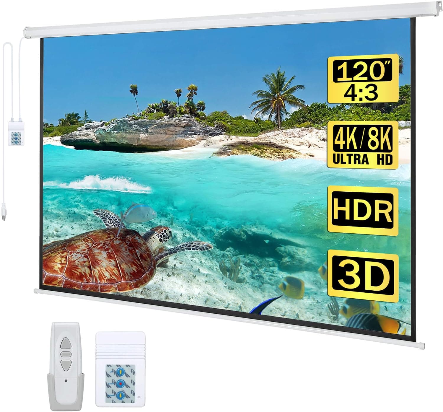 Kayle 120" Motorized Projector Screen Electric Diagonal Automatic Projection 4:3 HD Movies Screen for Home Theater Presentation Education Outdoor Indoor W/Remote Control and Wall/Ceiling Mount (White)