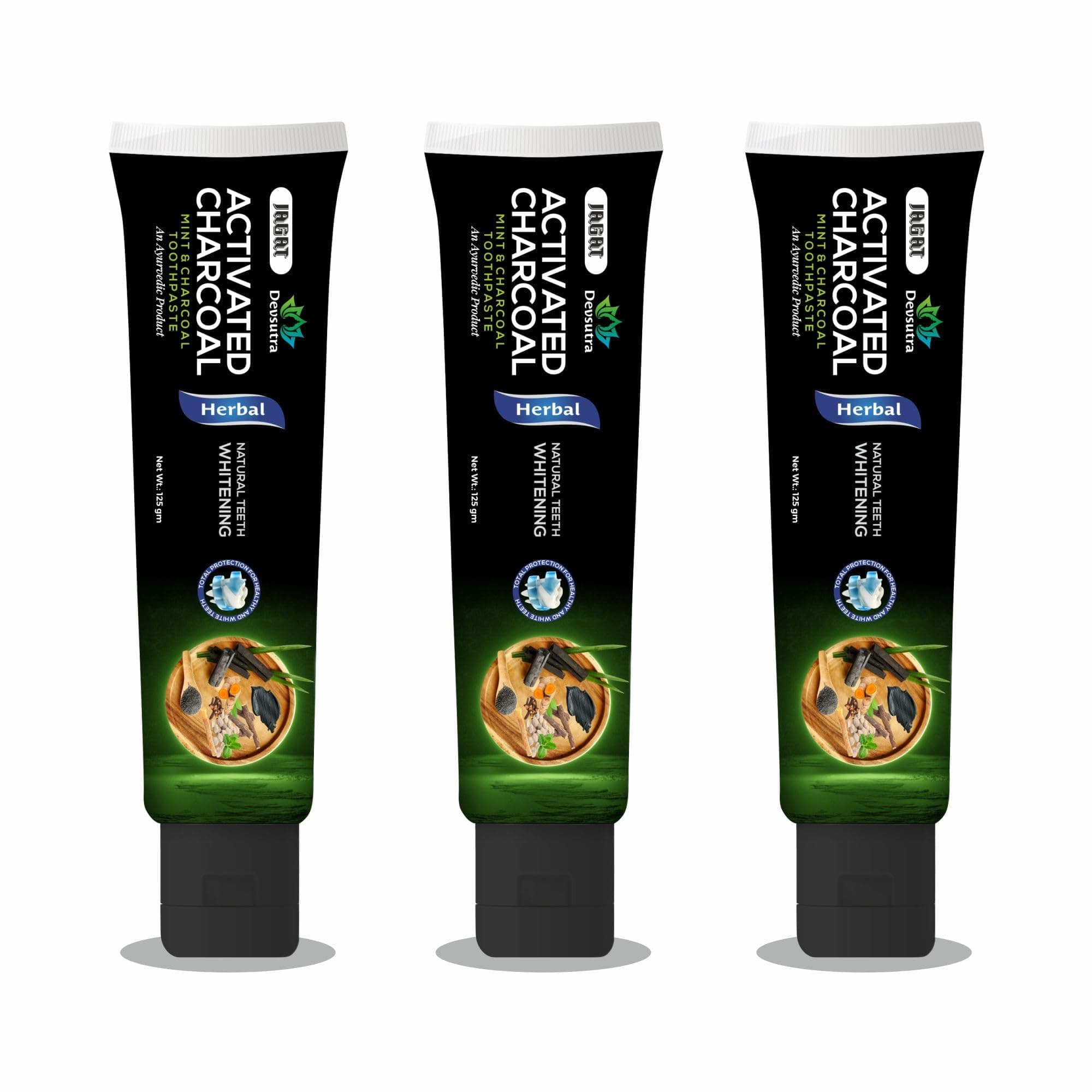 Jagat Devsutra Dr. Trusted Ayurvedic HERBAL Activated Charcoal Toothpaste for Teeth Whitening - 100% Natural Formula with Mint Flavour, No Fluoride & Artificial Colours - Pack of 3 (100g x 3)