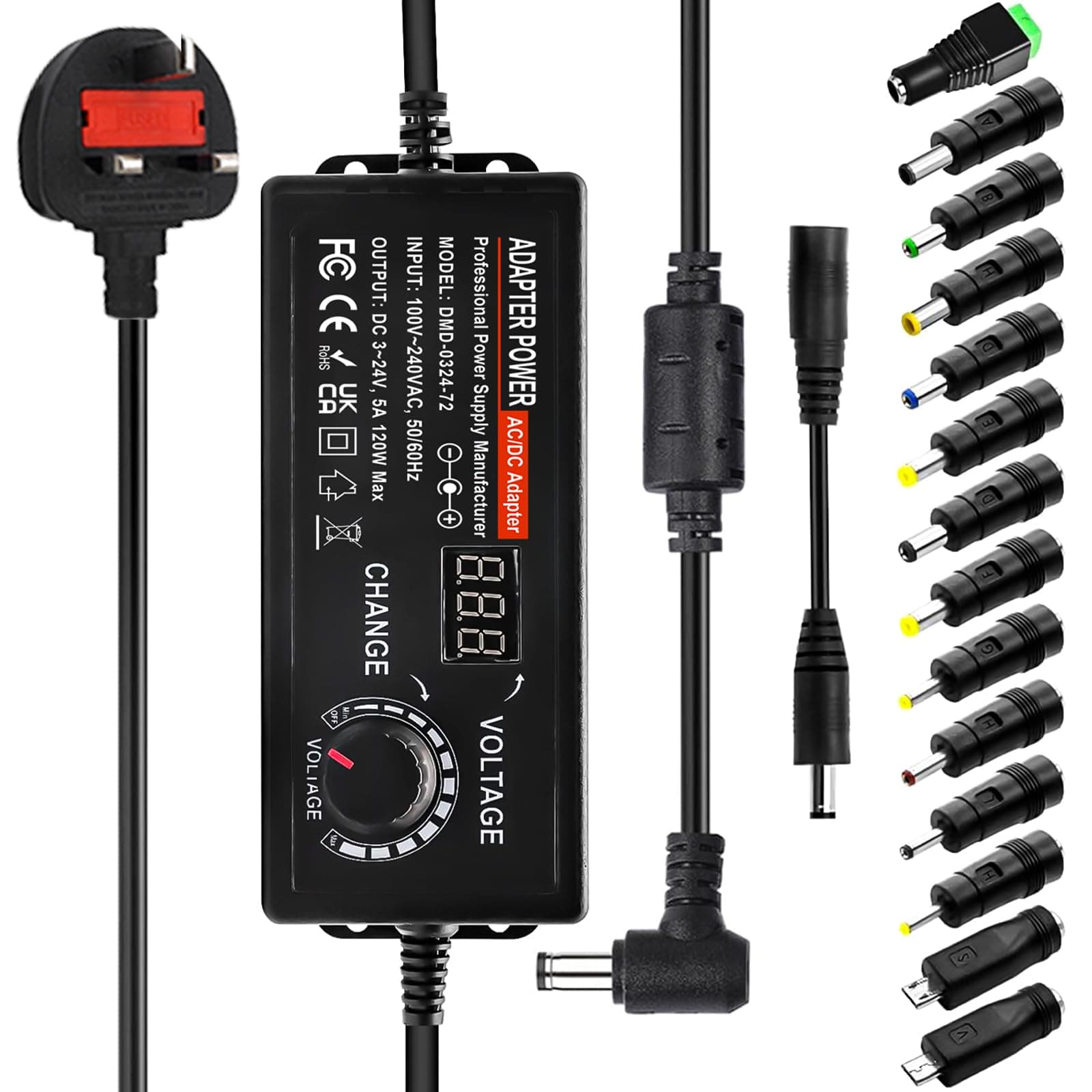 Universal Power Adapter Adjustable DC 3V ~ 24V Variable Switching AC Supply Adapter 100V-240V to DC 24V 5A 120W Converter with 14 Different Plugs & Polarity Converter - 5000mA Max