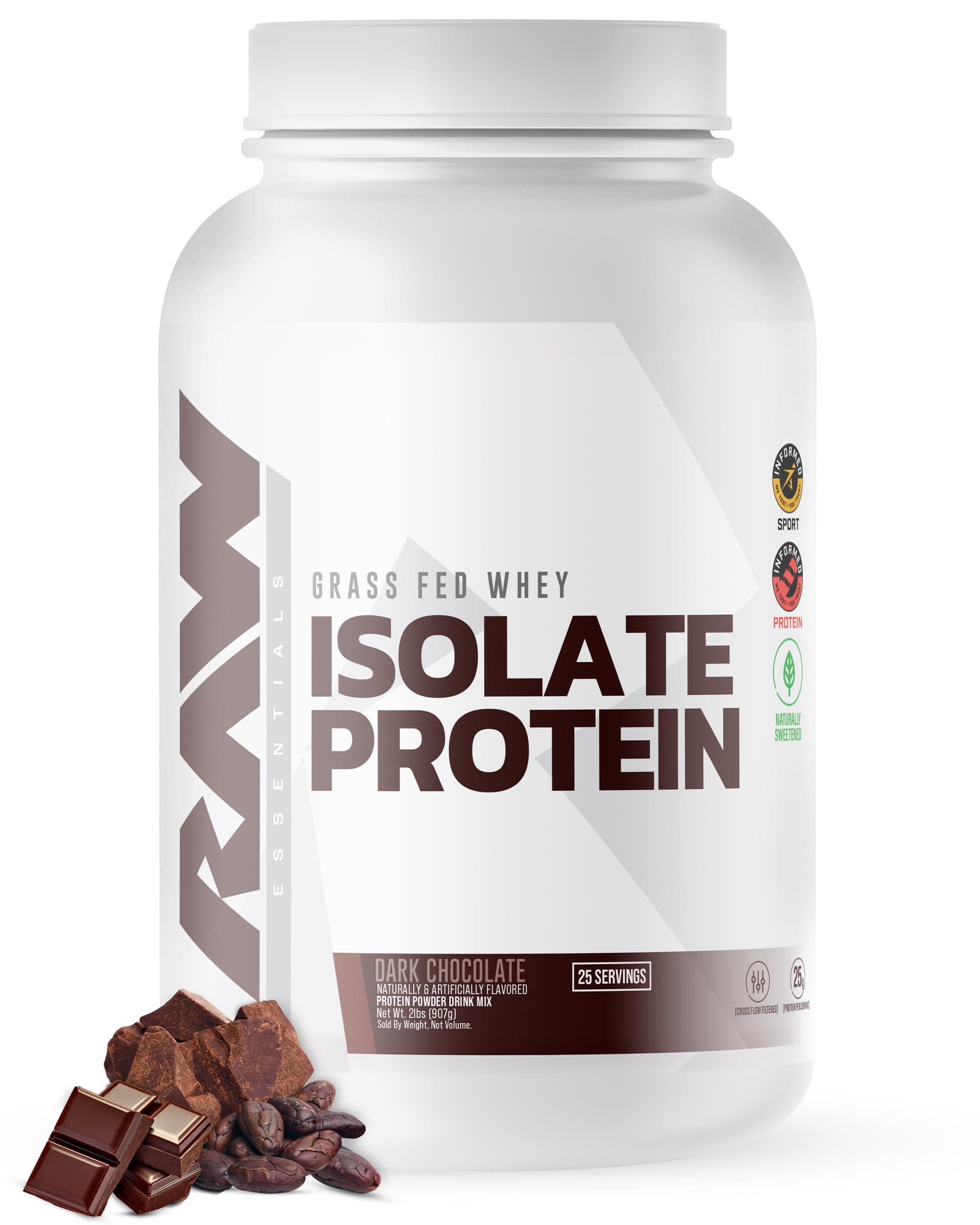 RAW Whey Isolate Protein Powder, Dark Chocolate - 100% Grass-Fed Sports Nutrition Whey Protein Powder for Muscle Growth & Recovery - Low-Fat, Low Carb, Naturally Flavored & Sweetened - 25 Servings