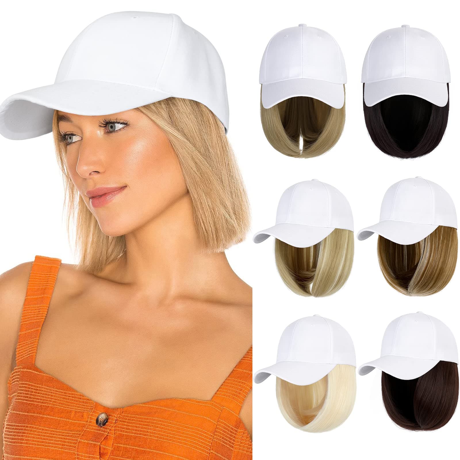 Baseball Cap with Hair Extensions Hat Wig Adjustable Hat Attached Short Straight 14" Synthetic Hairpiece for Women Medium Brown