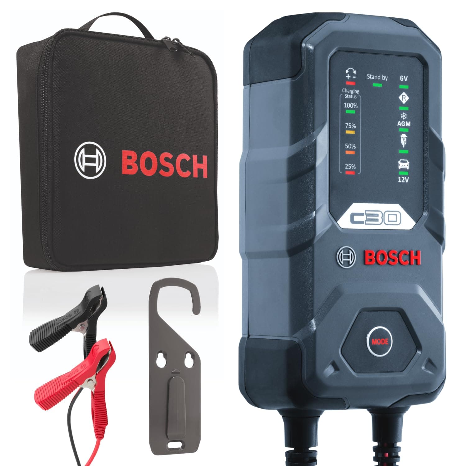 Bosch C30 Battery Charger, 3.8 Amps with Trickle Function - For 6V/12V Lead-acid, EFB, GEL, AGM and SLI Batteries, Comes with a UK Style Plug