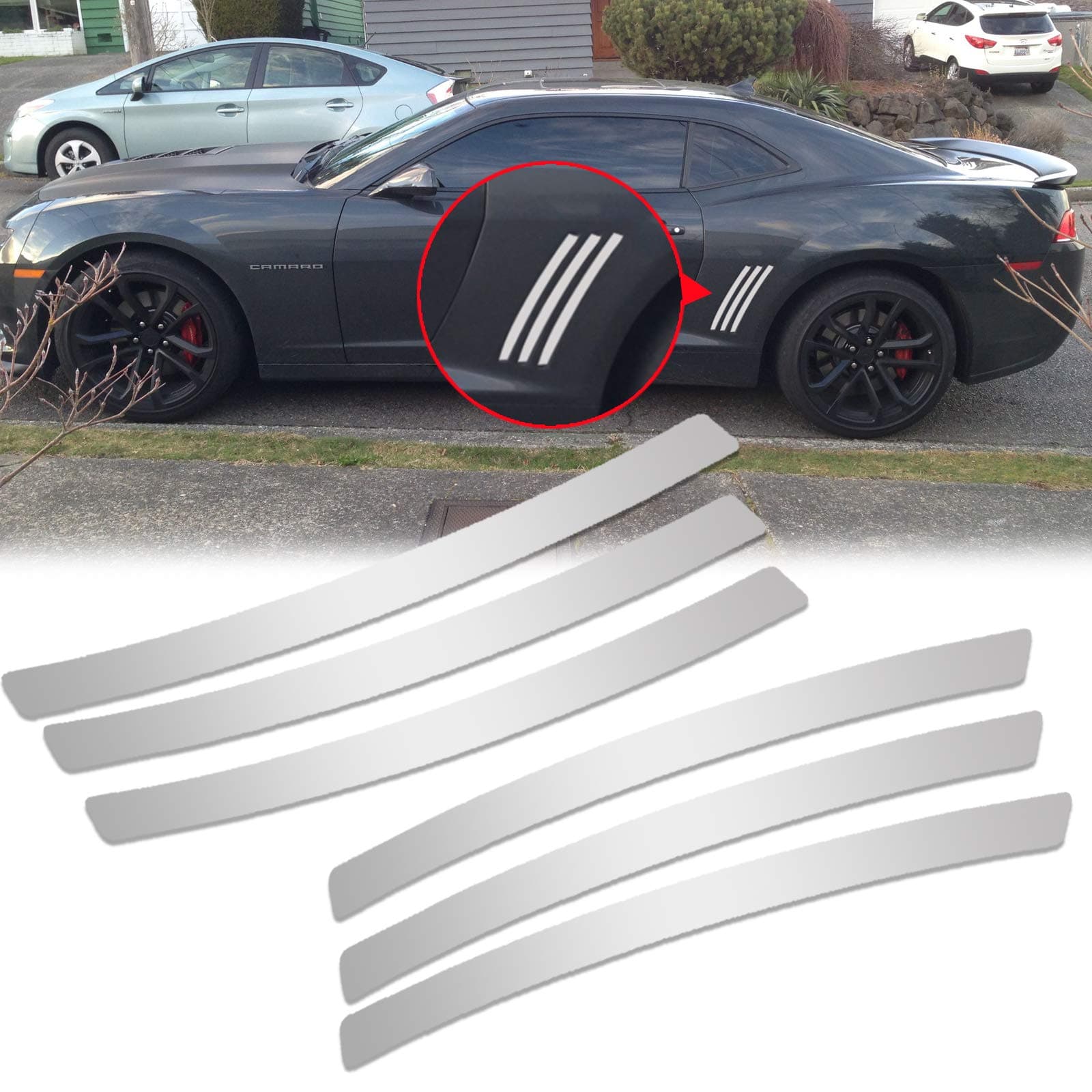 Xotic Tech 6pcs Car Body L&R Side Vent Insert Stripe Decal Vinyl Inlay Side Vent Gill Sticker Compatible with Chevrolet Camaro 2010-2015 (Brushed Silver)