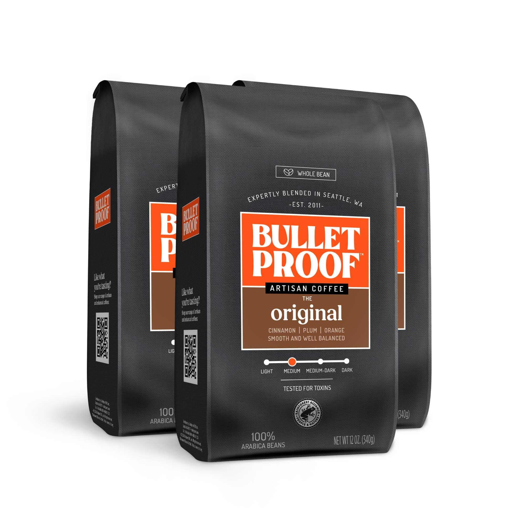 Bulletproof Original Medium Roast Whole Bean Coffee, 12 Ounces (Pack of 3), Clean Coffee Tested for Toxins