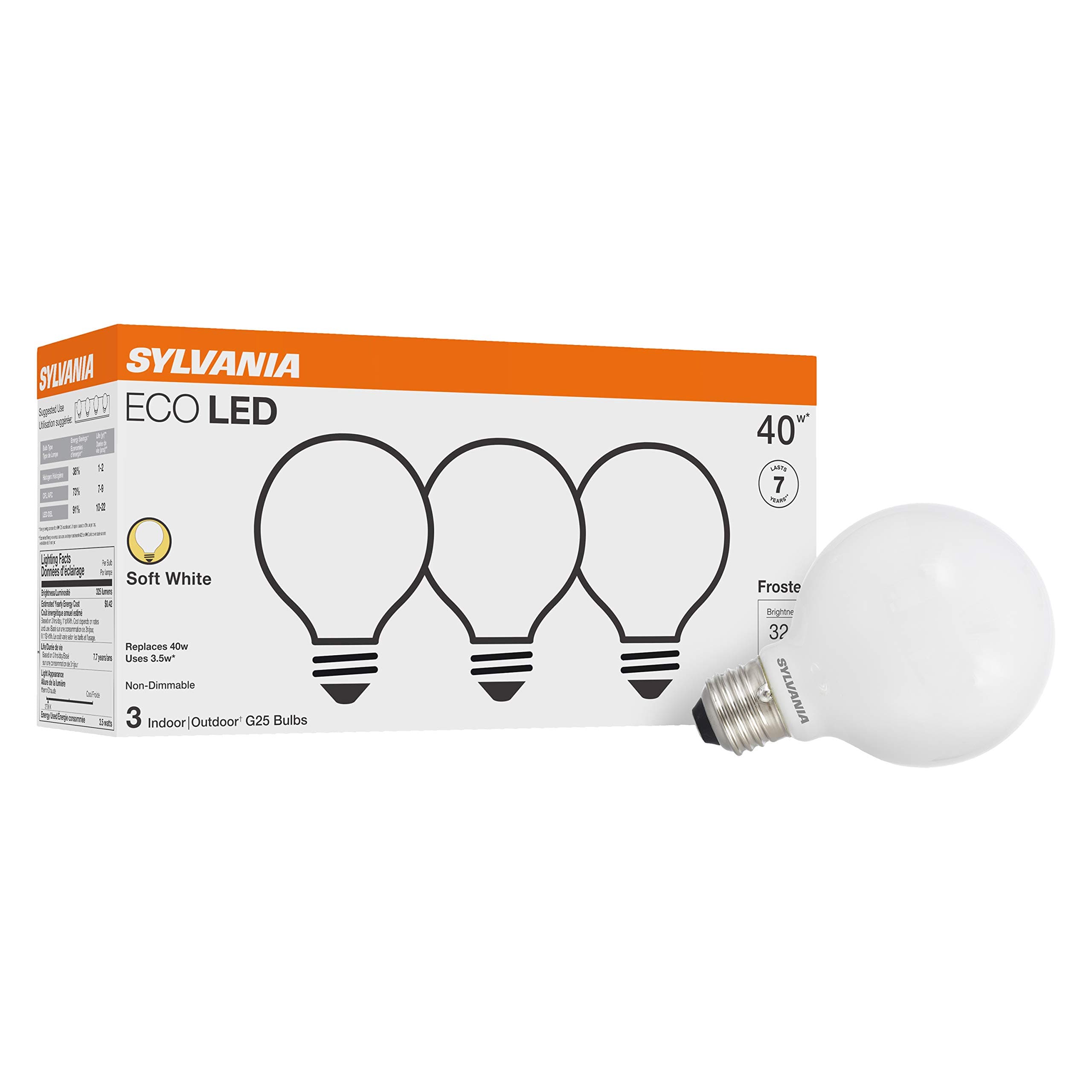 Sylvania ECO LED Light Bulb, G25 Globe, 40W Equivalent, Efficient 3.5W, 7 Year, 325 Lumens, Frosted, 2700K, Soft White - 3 Pack (40880)