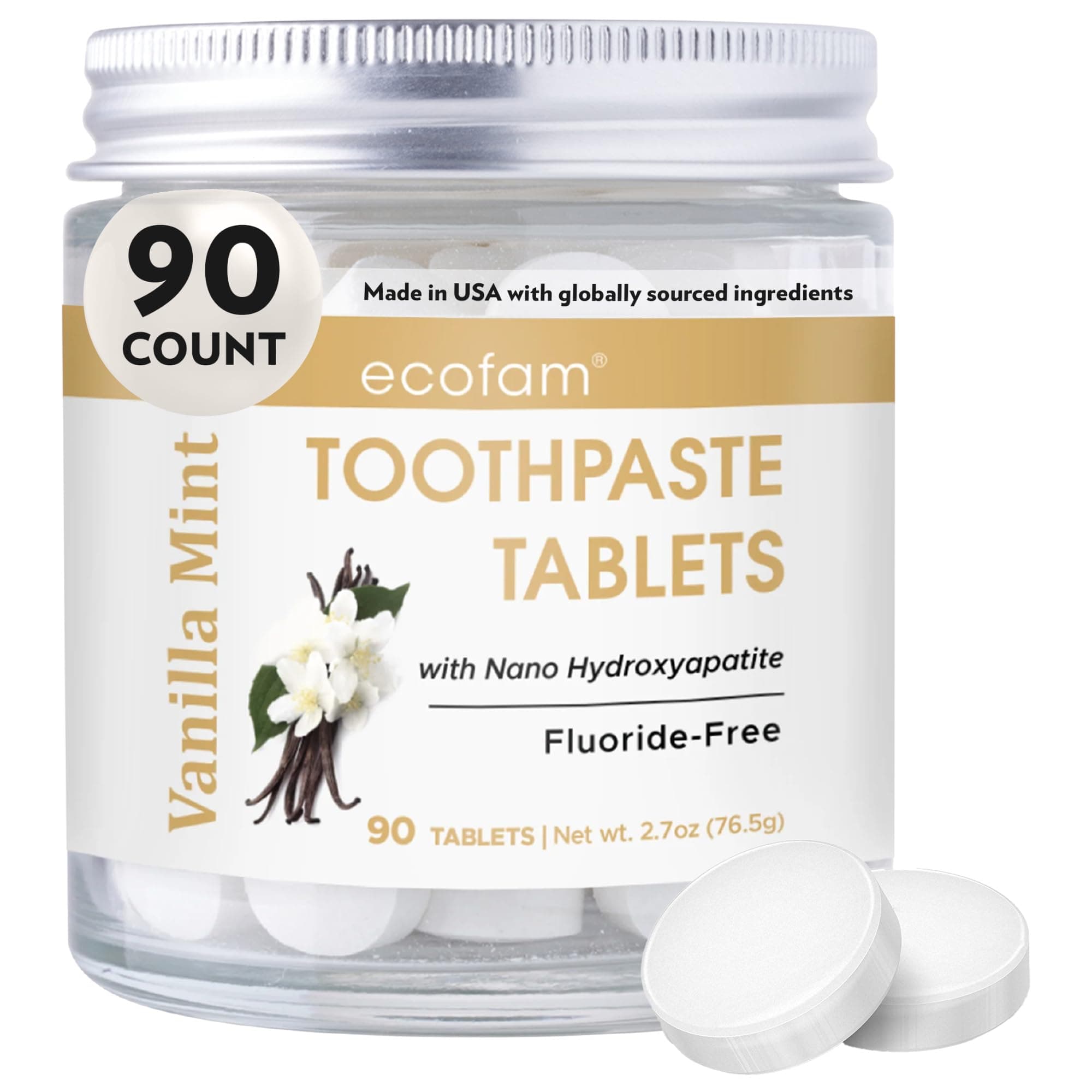 Ecofam Chewable Xylitol Toothpaste Tablets - 90 Natural Whitening Paste Tabs - Earth Friendly - Glass Jar - Fluoride-Free - Remineralizing Nano Hydroxyapatite - SLS Free - Made in USA - (Vanilla Mint)