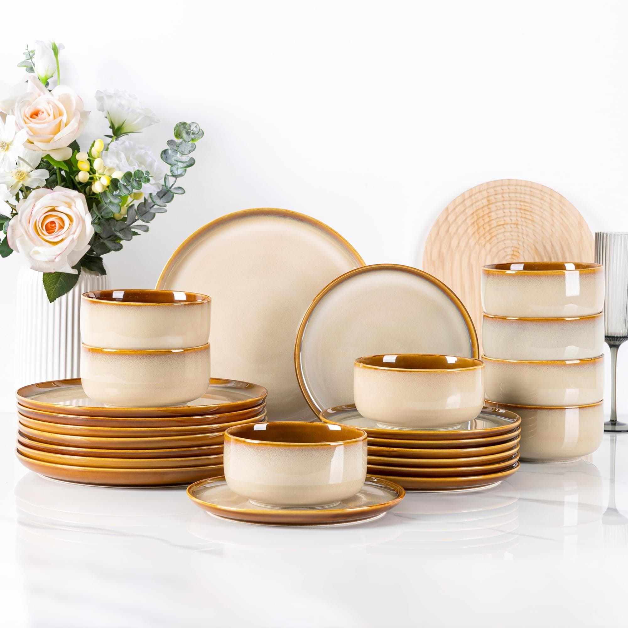 LERATIO Ceramic Dinnerware Sets for 8,Plates and Bowls Sets,Reactive Glaze Dishes Set,Highly Chip and Crack Resistant | Dishwasher & Microwave & Oven Safe Dishes set,Service for 8-Kahki (24pc)