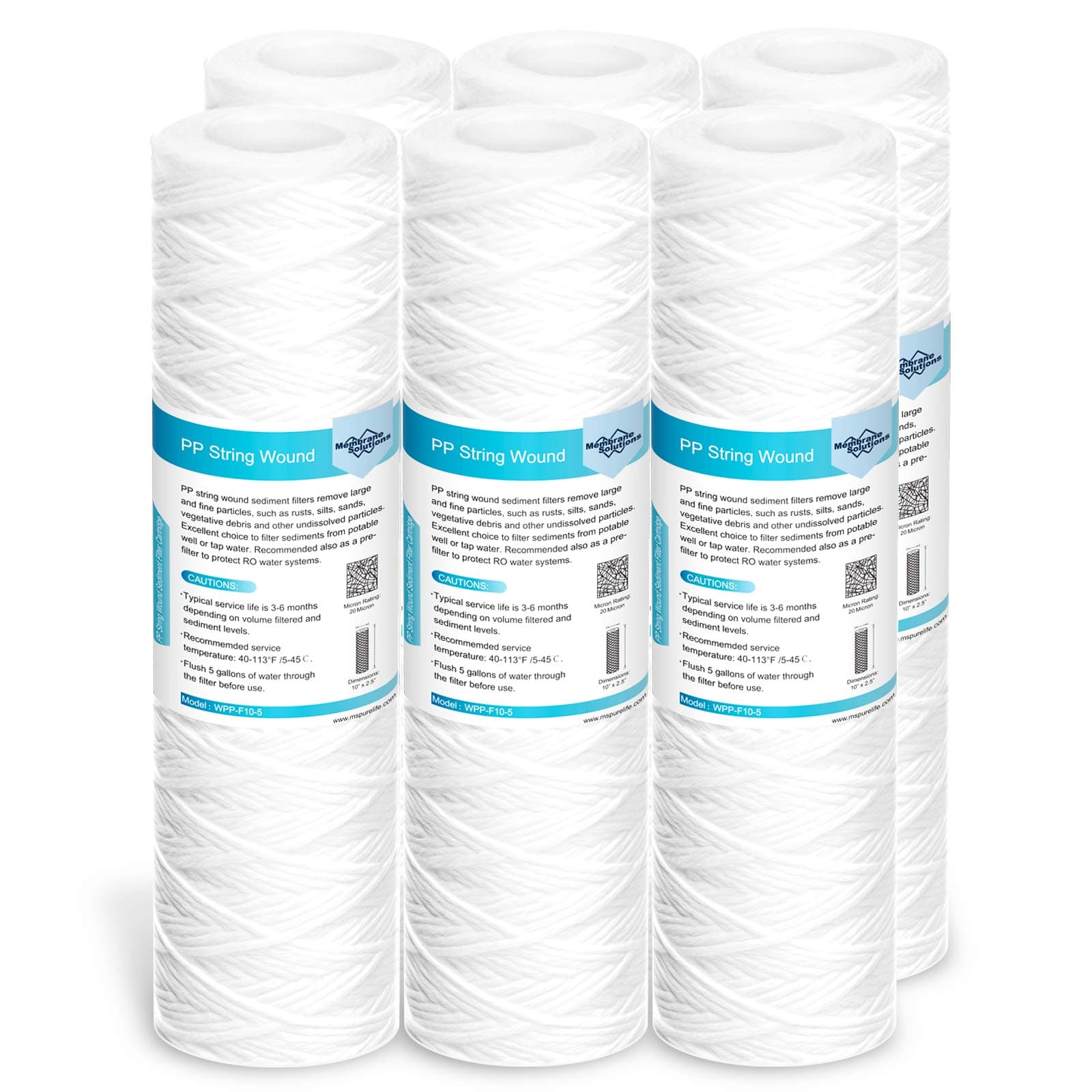 Membrane Solutions 20 Micron 10"x2.5" String Wound Whole House Water Filter Replacement Cartridge Universal Sediment Filters for Well Water - 6 Pack