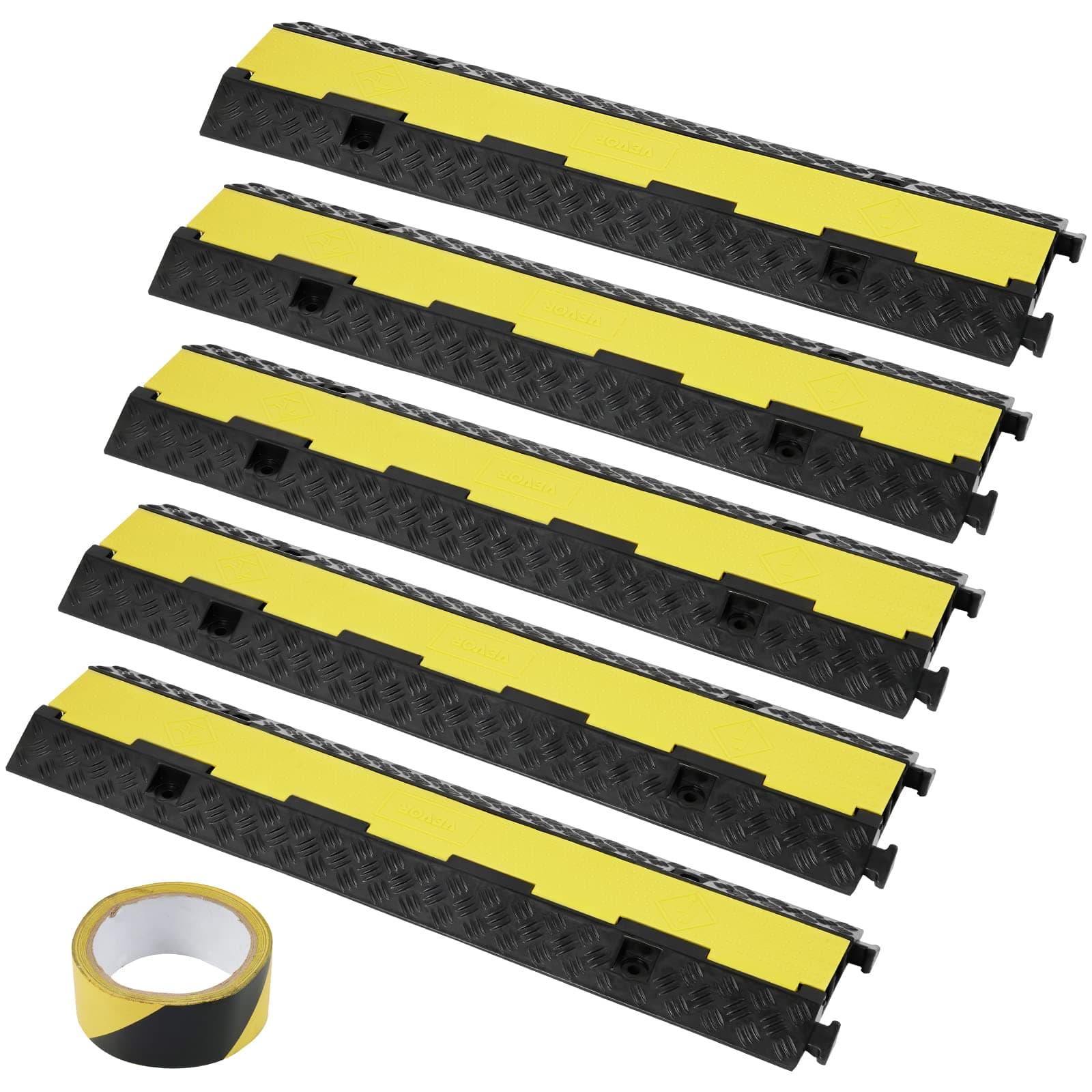 VEVOR 5 PCs Rubber Cable Protector Ramp, 2 Channel, 12000 lbs/axle Capacity Heavy Duty Hose Wire Cover Ramp Driveway, Traffic Speed Bump w/Flip-Open Top Cover & 50 ft Warning Tape, for Indoor&Outdoor