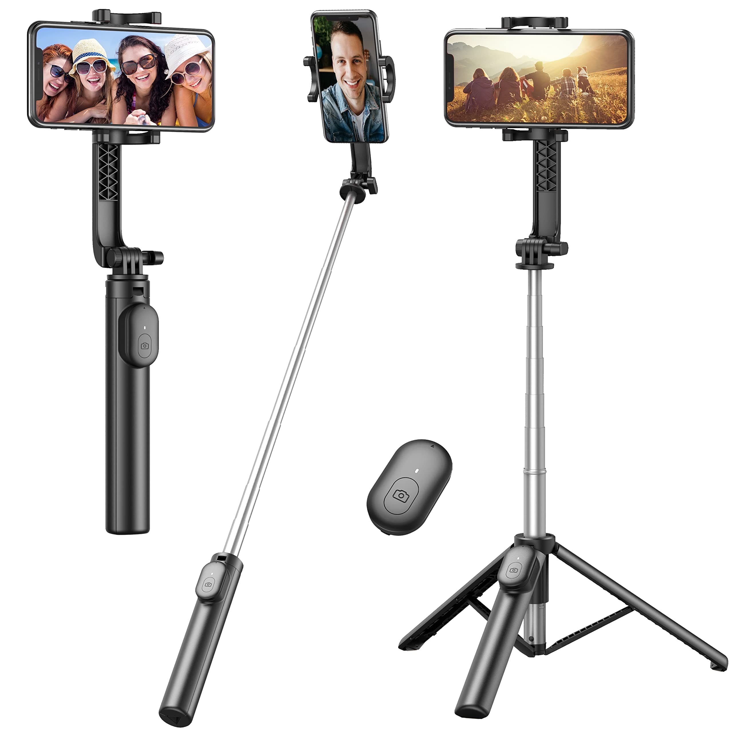 Selfie Stick, Extendable Selfie Stick Tripod with Wireless Remote & Phone Holder, Portable Phone Tripod for Group Selfie/Live Streaming/Video Recording, Compatible with iPhone & Android Devices