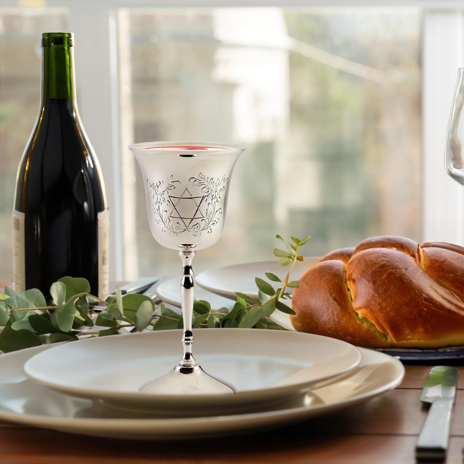 Rite Lite Tall Silvertone Kiddush Cup Passover Seder Star of David Floral Crest Premium Shabbat & Havdalah Goblet Jewish Hebrew Shabbos Gifts Modern Ceremonial Centerpiece Judaica Home Decor 6.25"