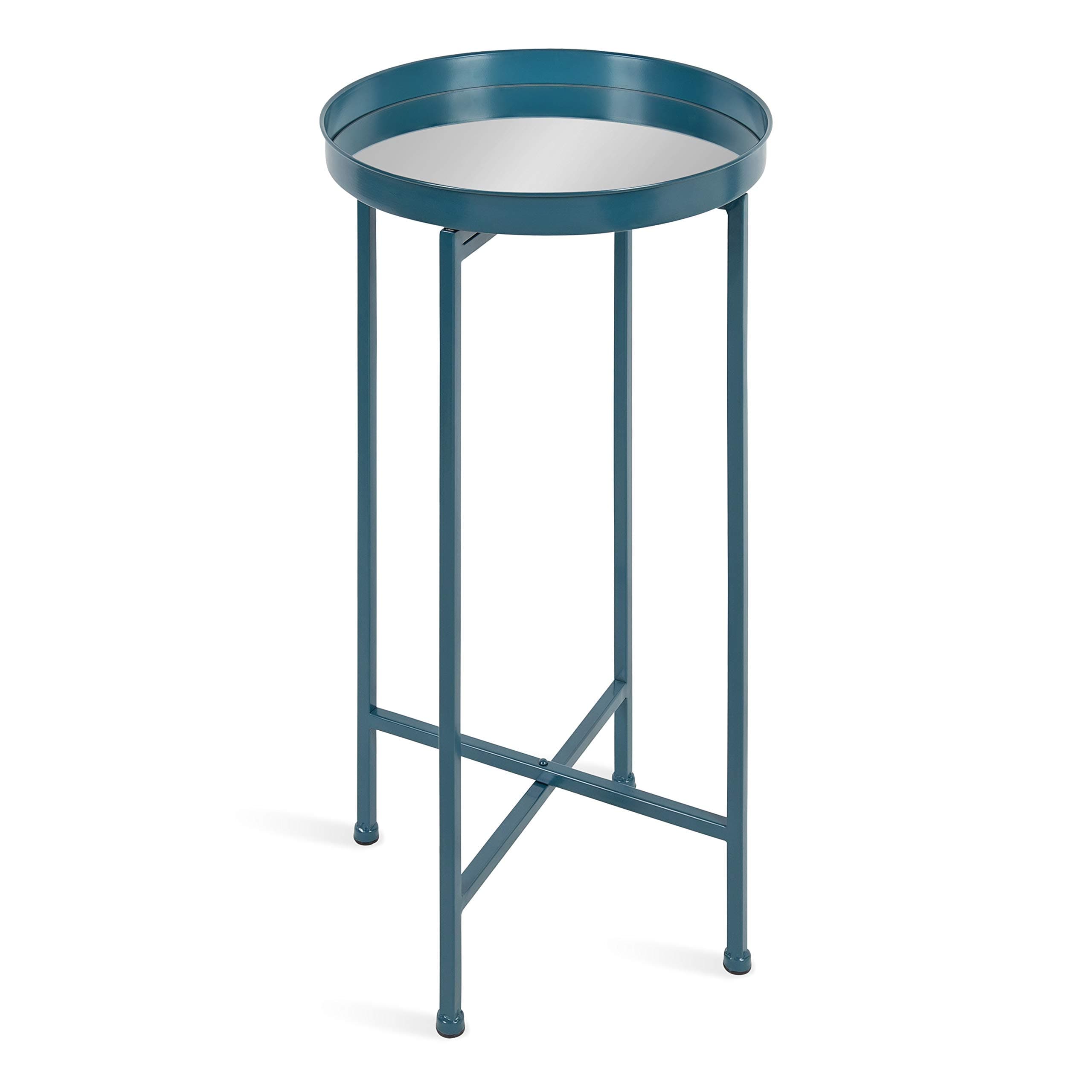 Kate and Laurel Celia Round Metal Foldable Accent Table with Mirror Tray Top, Teal