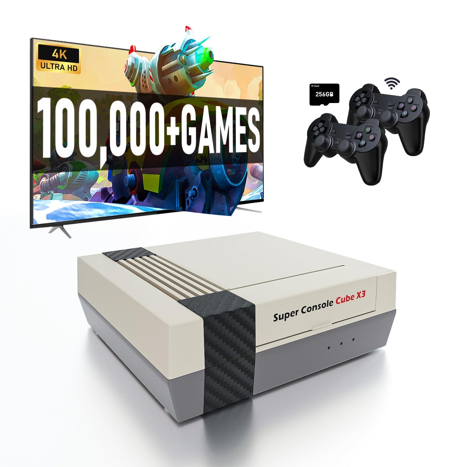 Retro Game Console Super Console Cube X3,100,000+Classic Video Games, 60+Emulators, Three Systems in One, S905X3 Chip, Cooling Fan, Support 4K Output,2 Wireless Gamepads, Gift for Friend/Family(256GB)