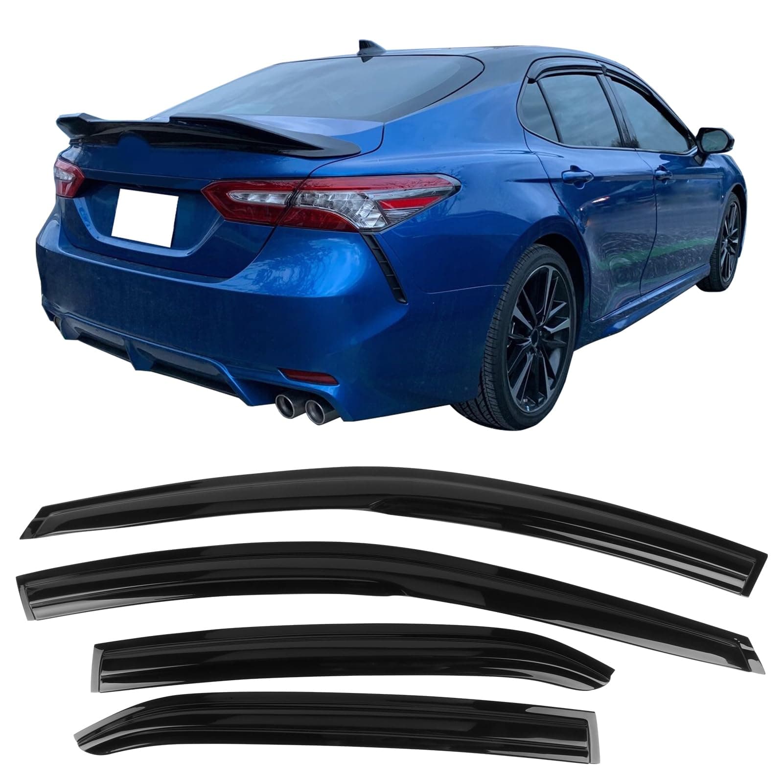Tape on Outside Mount Window Visors Compatible with 2018-2024 Toyota Camry, Acrylic Unpainted Air Deflector Sun Rain Guard 4pc by IKON MOTORSPORTS, 2019 2020
