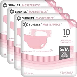 SUNKISS Masterpiece Adult Diapers with Tabs, Unisex Disposable Incontinence Briefs for Women and Men, Odor Control, Pink, Small/Medium, Previously M, 40 Count (4 Packs of 10)