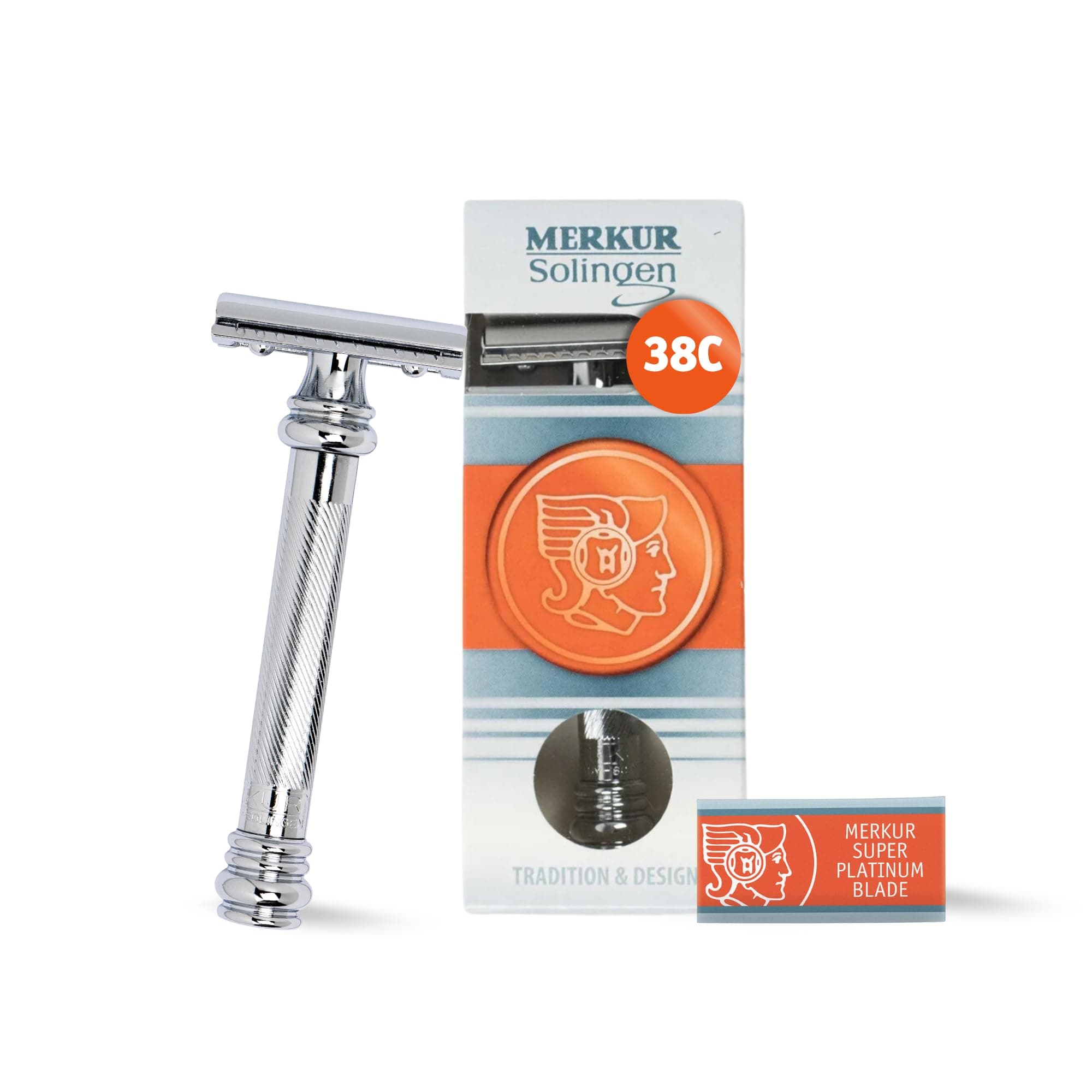 38C Double Edge Safety Razor - Bright Chrome, Extra Large Barber Pole Grip Brass Handle, Made in Germany, Plastic-Free, Two Piece Design, Closed Comb, Straight Bar