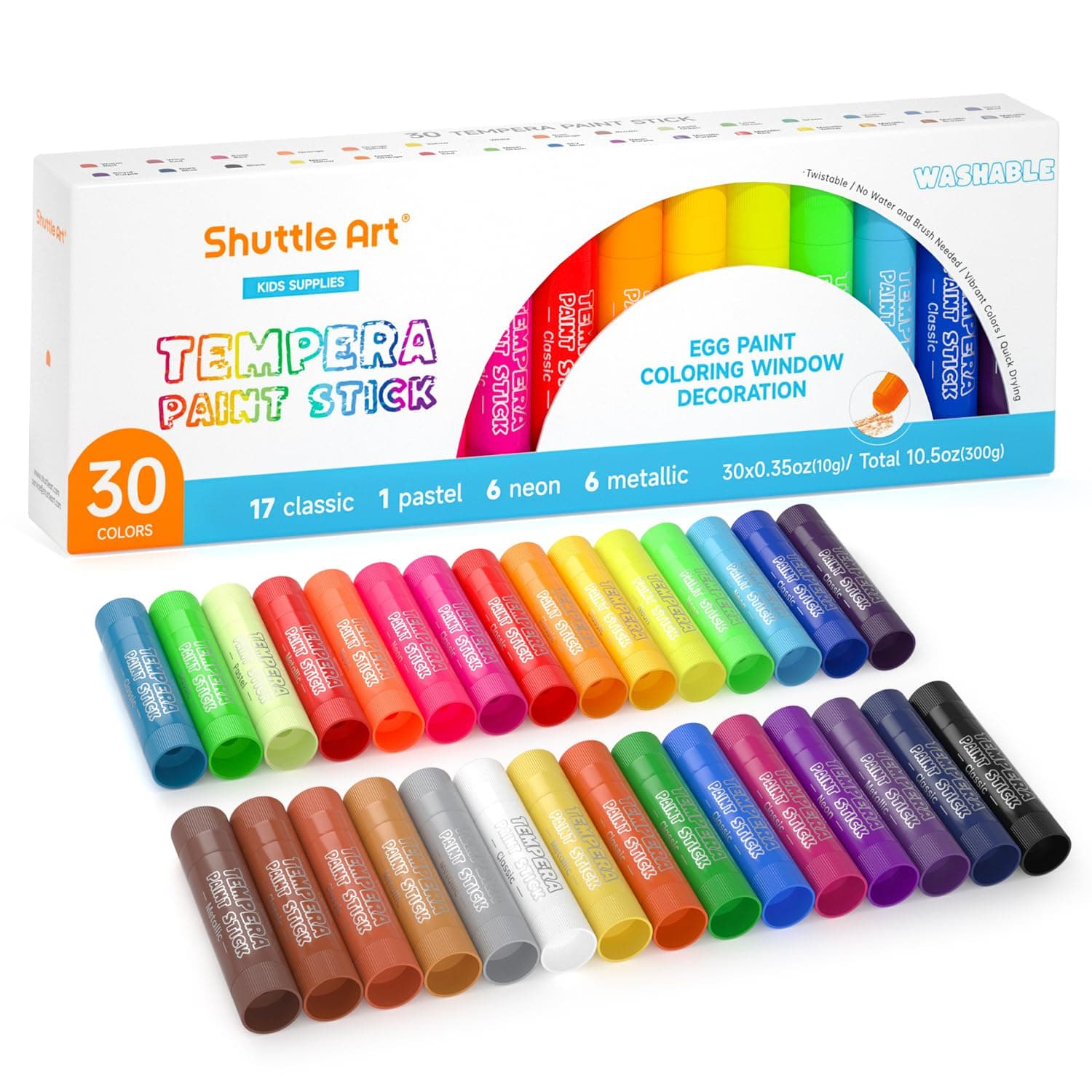 Tempera Paint Sticks - 30 Solid Colours - Quick Drying - Works Great on Paper, Wood, Glass, Ceramic, Canvas