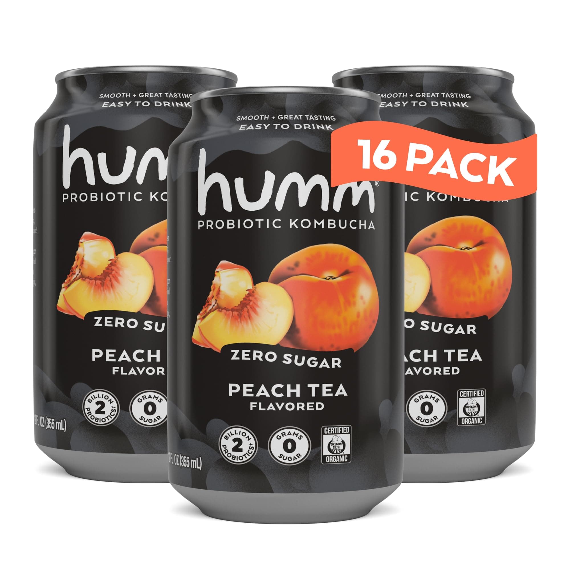 Humm Probiotic Kombucha Zero Sugar Peach Tea, No Refrigeration Needed, Keto Friendly, Organic, Vegan, Gluten Free, 12oz Cans (16 Pack)