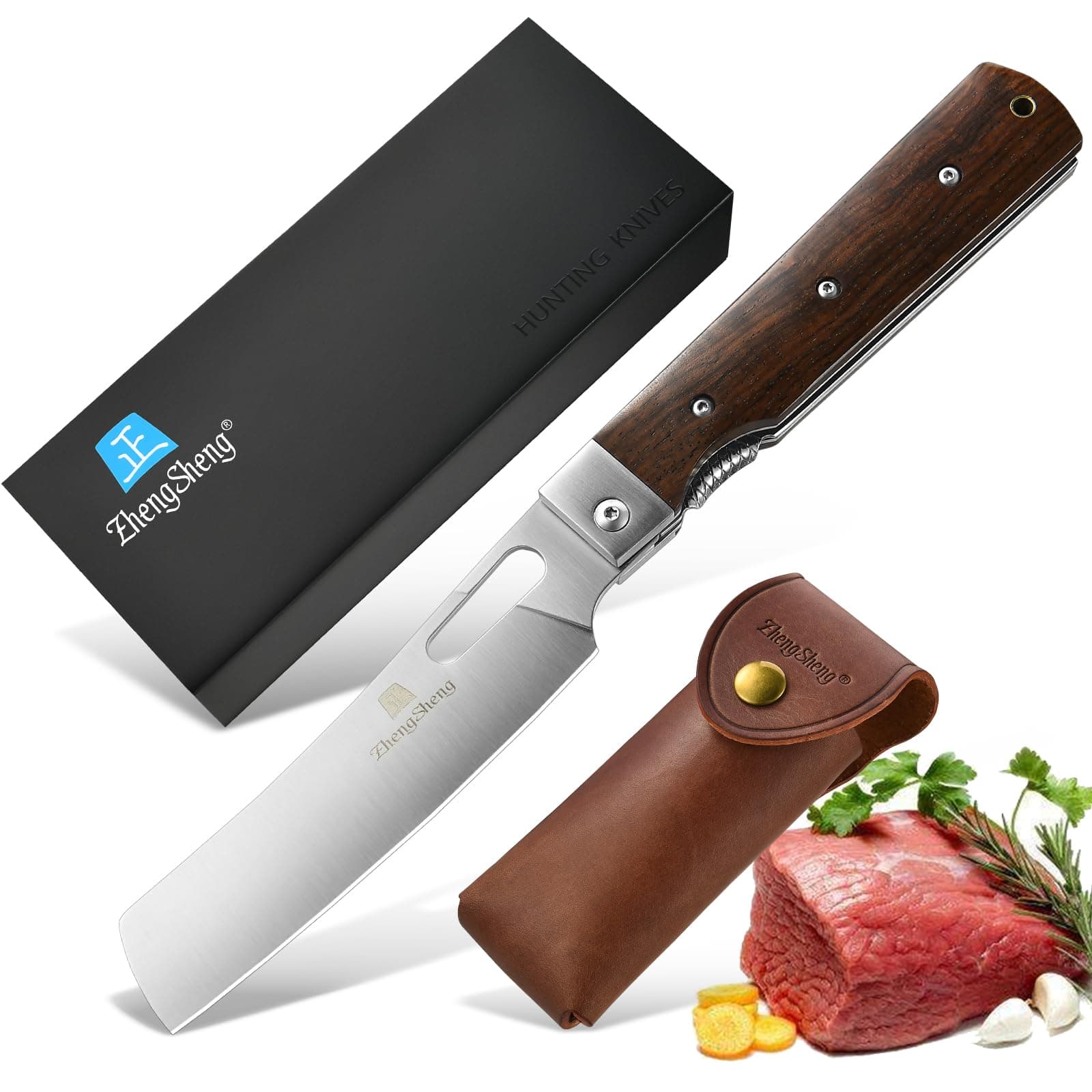 Folding Chef Knife with Leather Pouch 4.8" Sharp 440A Stainless Steel Blade Wooden Handle Pocket Foldable Japanese Style Kitchen Knife for Outdoor Camping Cooking.
