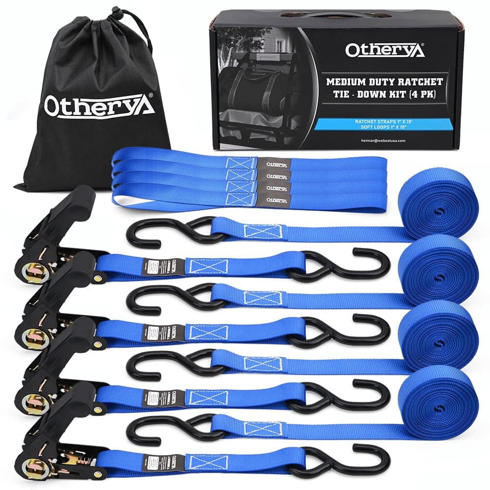 Otherya TIE Down Strap Ratchet Tie Down Straps - 4 Pk-15 Ft 1760 Lb Break Strength - Cargo Straps for Securing Motorcycle, Kayak, Truck, Trailer and Boat Lawn Equipment- Includes 4 Soft Loops