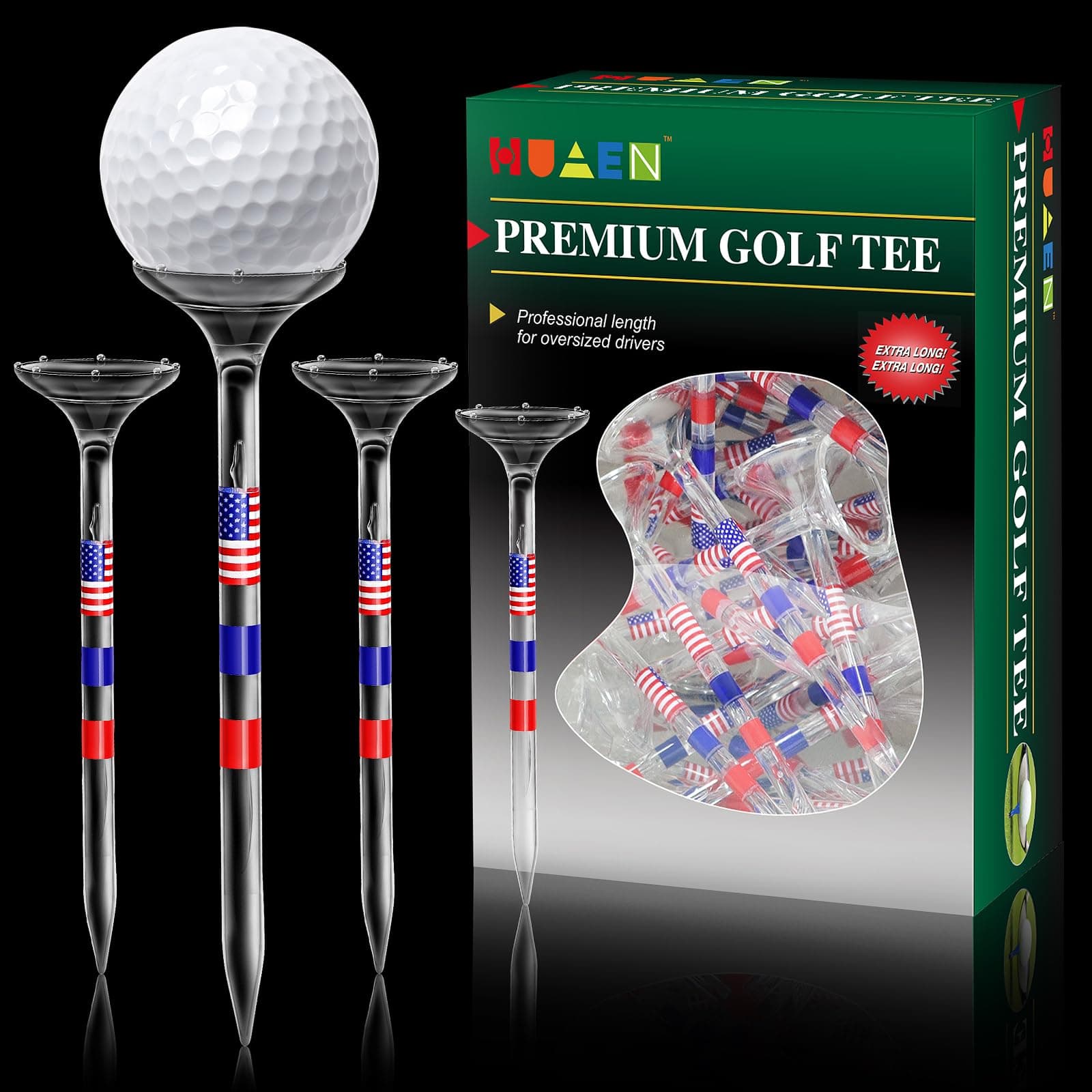Golf Tees, Unbreakable Golf Tees Plastic Golf Tees 3 1/4" Transparent Acrylic Long Golf Tees Bulk, 50/60/100 Pack, Reduces Friction & Side Spin, Big Cup & 8 Prongs, USA Flag Series