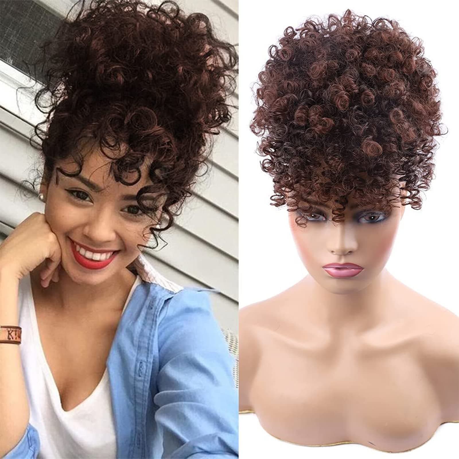 ENTRANCED STYLES Drawstring Ponytail with Bangs - Afro Puff Extensions for Women, Short Curly Clip in Wrap Updo Hairpiece (2-33#)