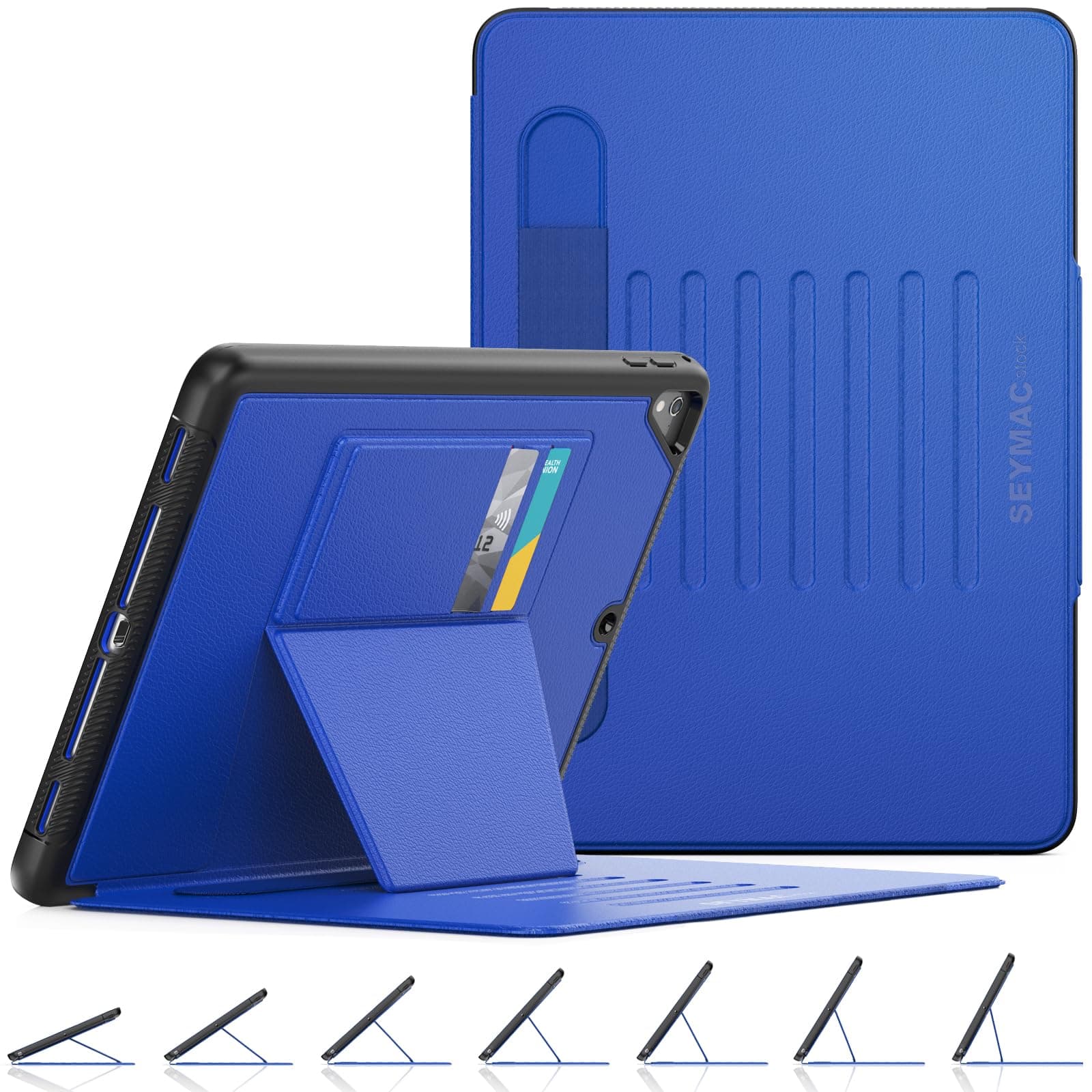 SEYMAC stock Case for iPad 6th/5th Generation/Air 2/Pro 9.7'', Strong Magnetic Auto Sleep Shockproof Case with Absorbing Multi-Angles Stand, Pen Holder, Card Slot (Blue)