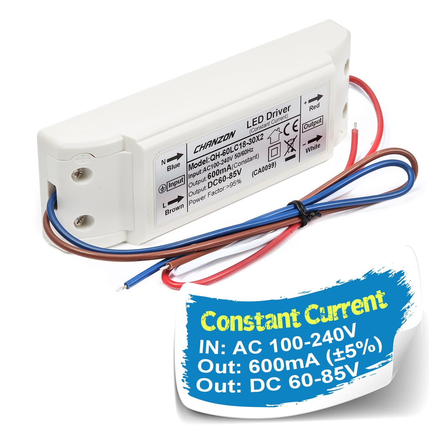 Chanzon LED Driver 600mA (Constant Current Output) 60V-85V (Input 110-240V AC-DC) (18-25) x3W 54W 60W 75W Power Supply 600 mA Lighting Transformer Drivers for High Power COB Chips (Plastic Case)