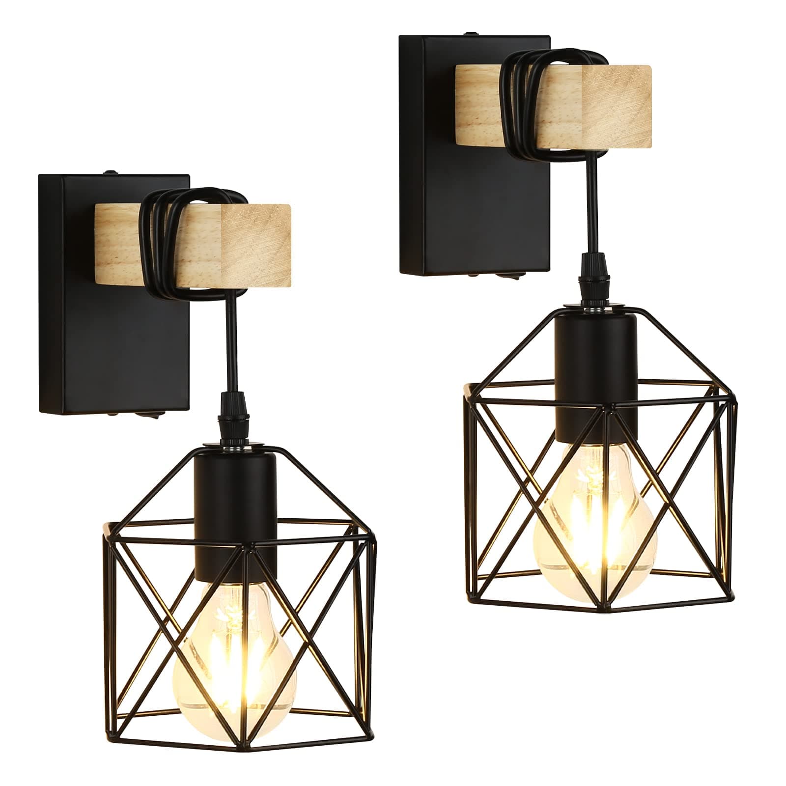 Lightess Black Wall Lights Industrial Wall Light with On Off Switch E27 Indoor Wall Lamp Retro Wall Sconce Vintage Cage Wall Light for Bedroom Living Room, Hallway, Stairs (2 Pack)