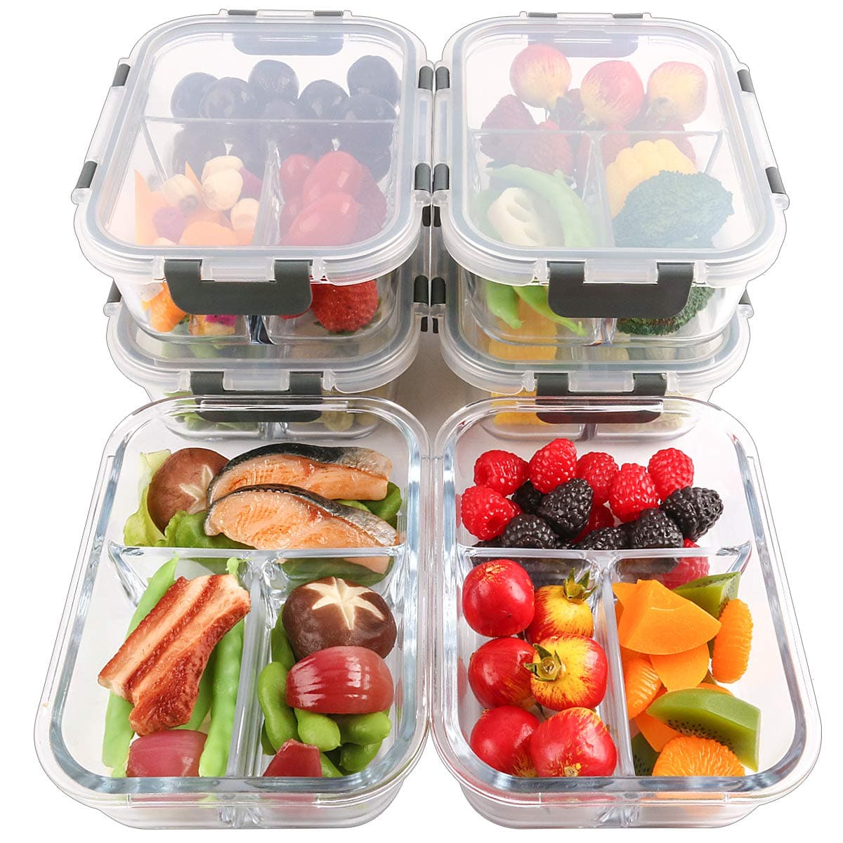 [6-Pack] Glass Meal Prep Containers 3 Compartment with Lids, Glass Lunch Containers,Food Storage Lunch Box,Bento Box, Microwave, Oven, Freezer, Dishwasher (36 oz)