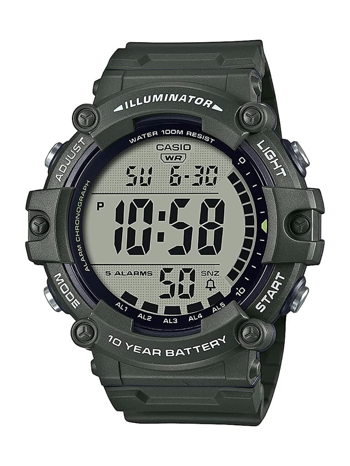 Illuminator 10-Year Battery Extra Long Strap 100 M Water Resistance 5-Alarm w/Countdown Timer Men's Digital Watch, Green, AE-1500WHX-3AVCF, Green, Sport