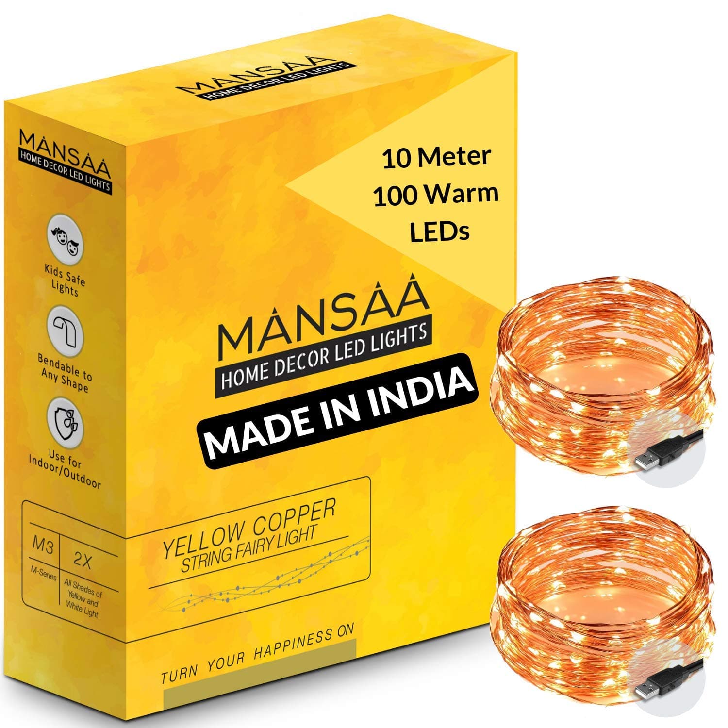 MANSAA M6 USB LED String Light | 10 Meter 100 LEDs | Yellow Color | USB Operated | Home Decor LED Light | Pack of 2