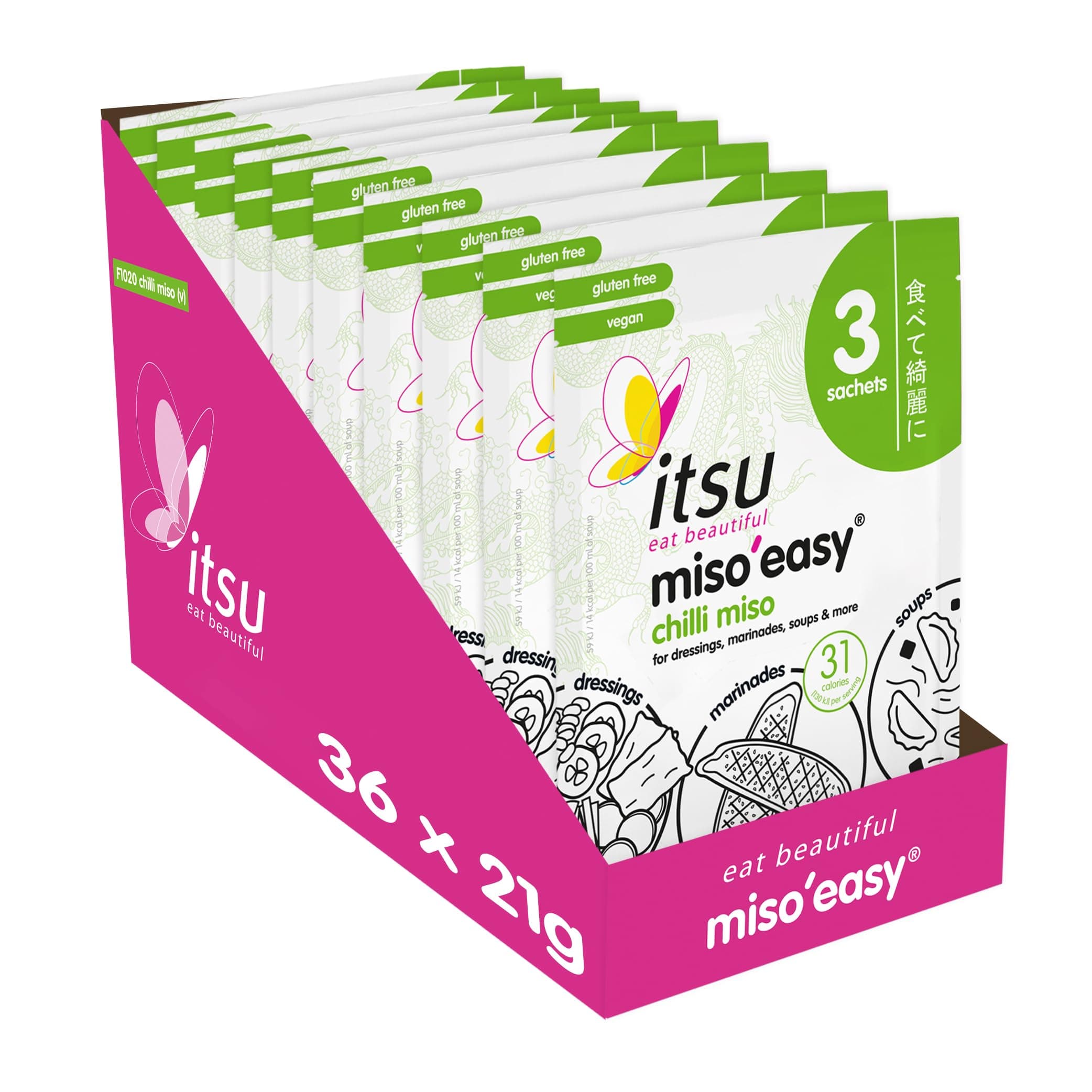 Itsu Chilli Miso Soup Sachets | Instant Miso'Easy Chilli Miso Paste | (Pack of 12 - 36 soups) | Gluten-Free Vegan