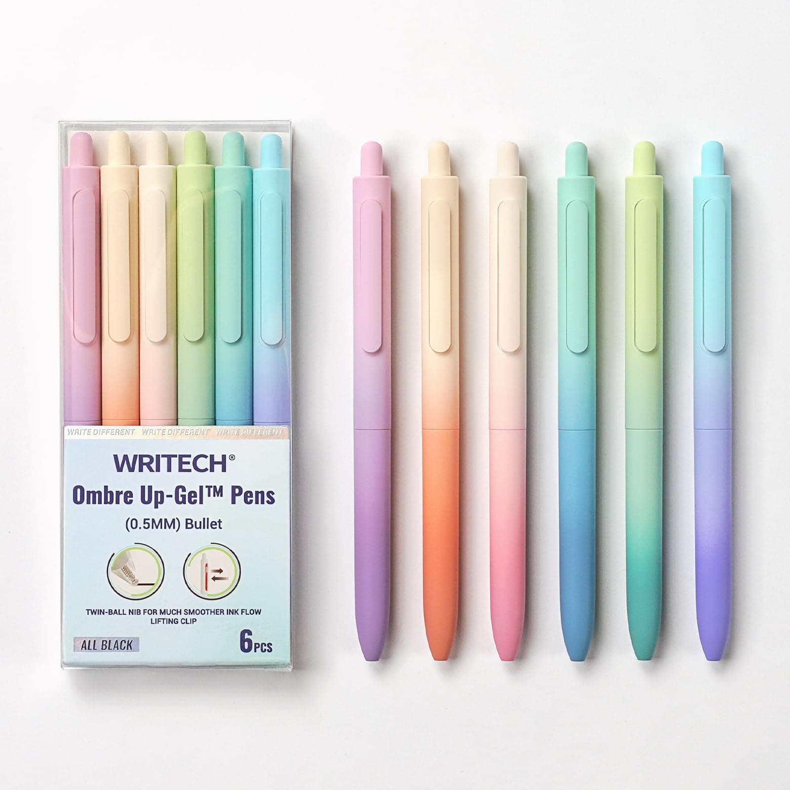 Fine Point Gel Pens: 0.5mm Retractable Black Ink 6ct Smooth Writing No Bleed with Aesthetic Gradient Color Pen Barrel for Journaling Note Taking Sketching