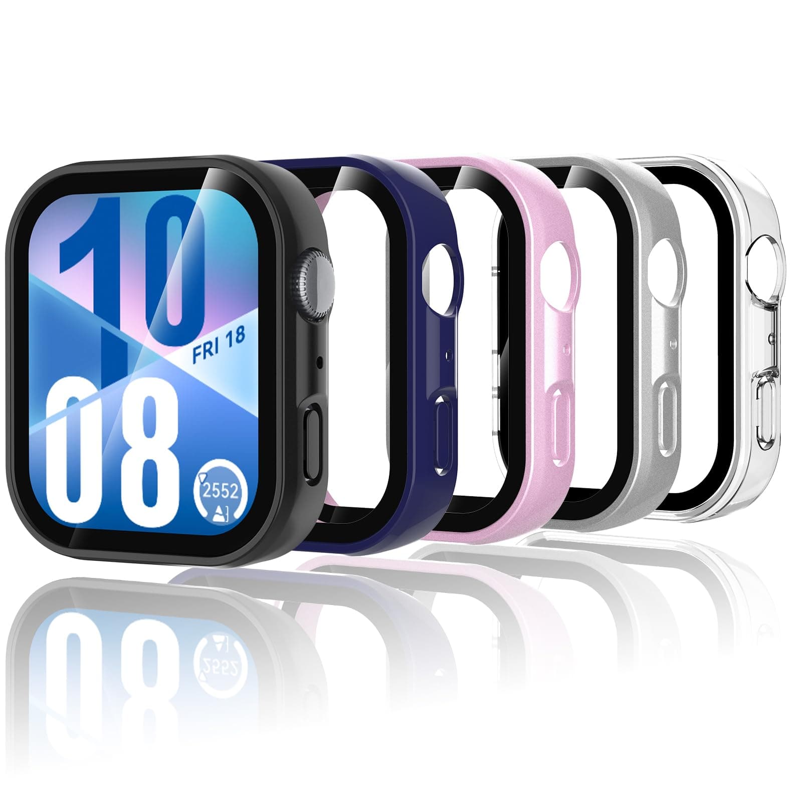 5 Pack Protective C ase Compatible with Huawei Watch Fit 4, Hard PC Ca se with Screen Protector, HD Case Cover Matte with Tempered Glass - Transparent, Black, Pink, Silver, Ink Blue