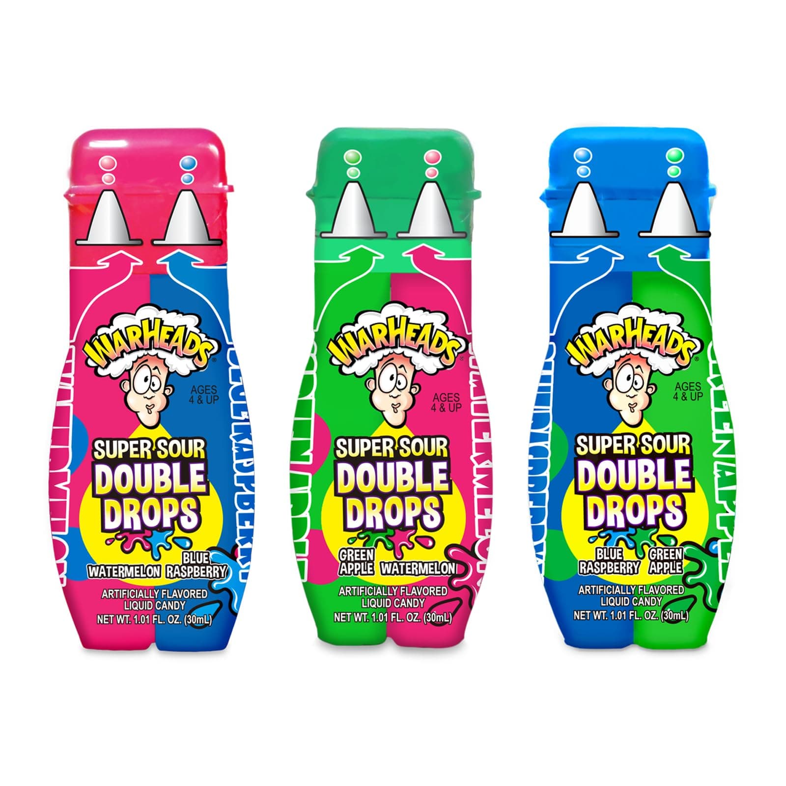 WARHEADS Super Sour Double Drops - Liquid Sour Candy - Blue Raspberry, Green Apple and Watermelon Assorted Flavors - 1.01 oz. Bottles - 3 Pack